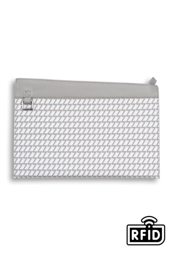 BACK VIEW OF THE LEATHER CLUTCH GREY BAG