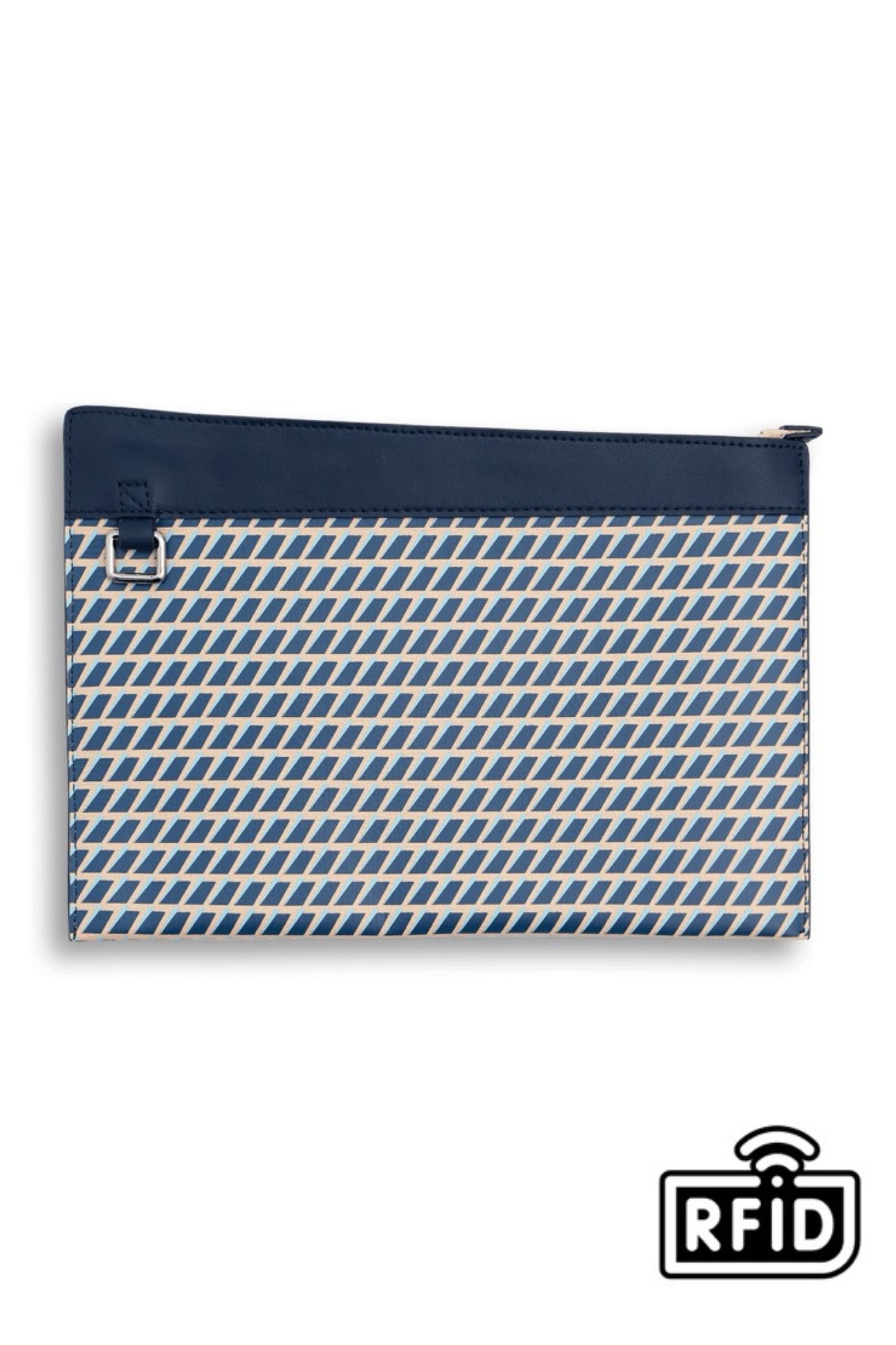 BACK VIEW OF THE LEATHER CLUTCH NAVY BAG