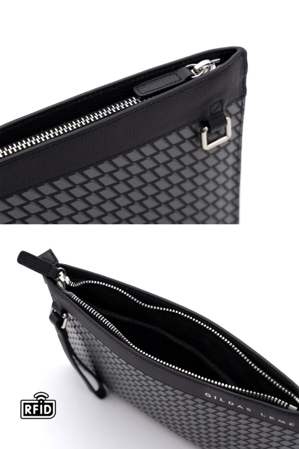 DETAILS OF THE GENUINE LEATHER MEN CLUTCH BLACK BAG