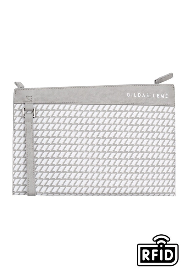 FRONT VIEW OF THE LEATHER CLUTCH GREY BAG