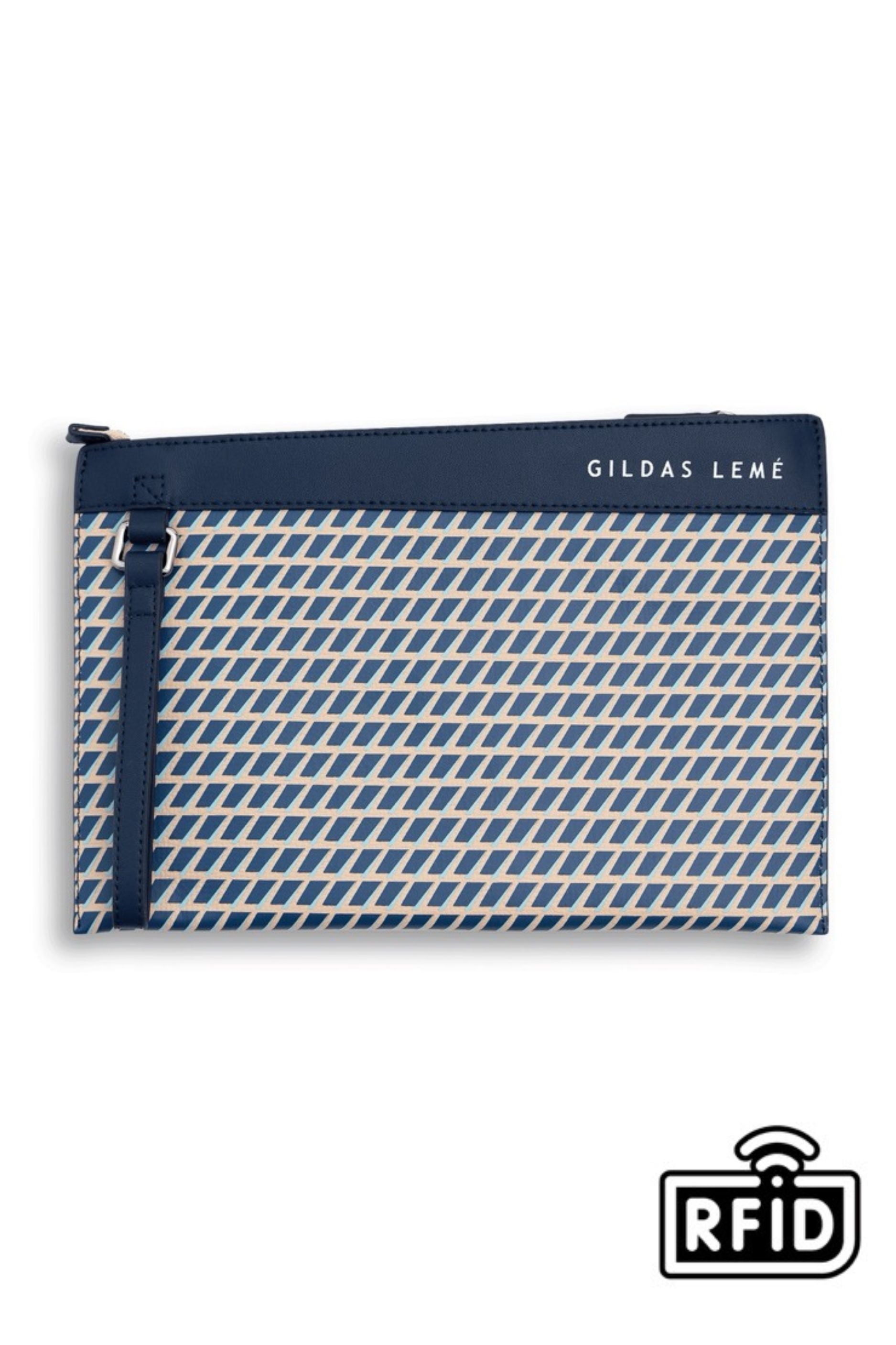 FRONT VIEW OF THE LEATHER CLUTCH NAVY BAG
