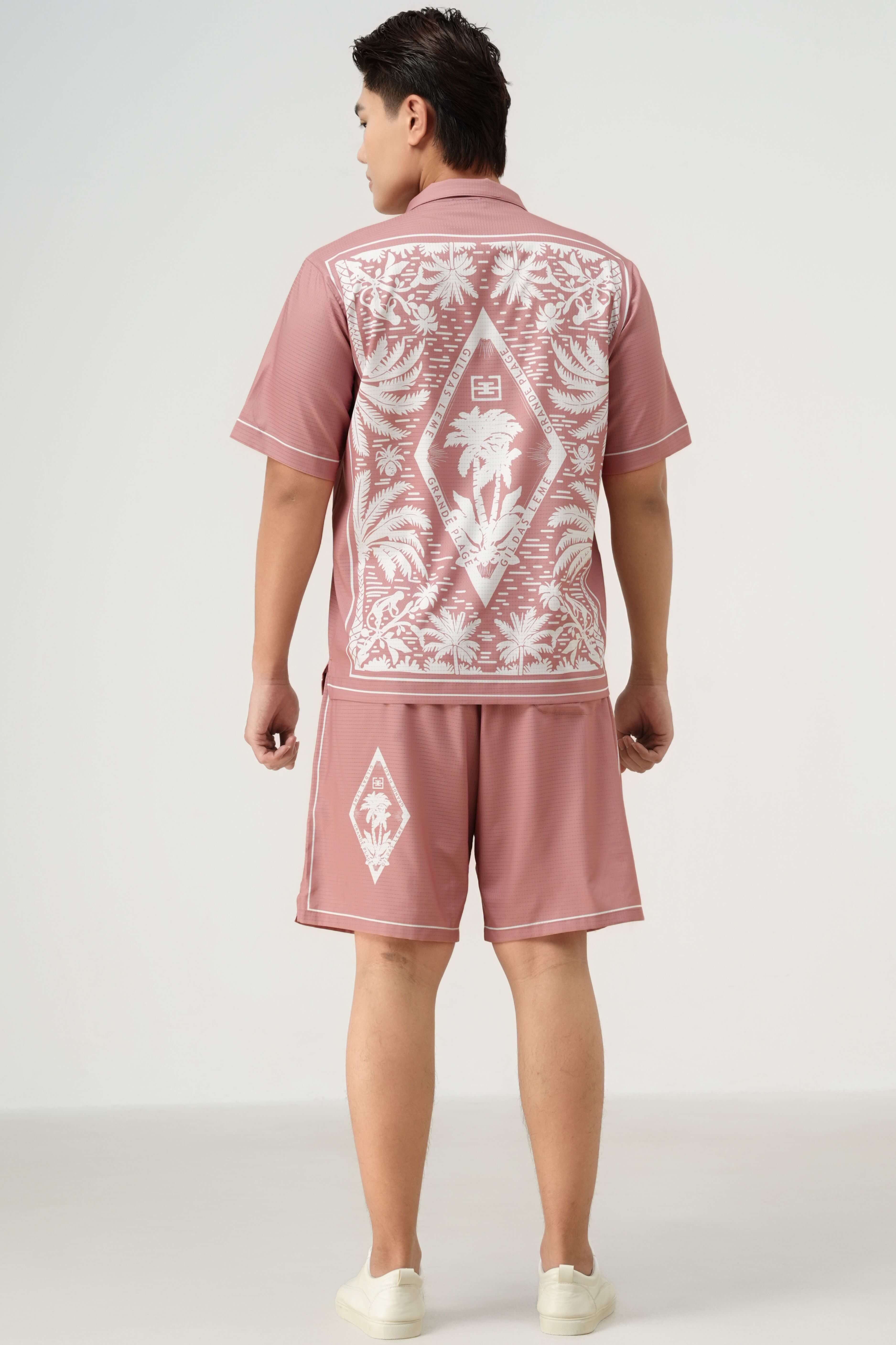 Back label of Pink Paradise men’s summer beachwear set