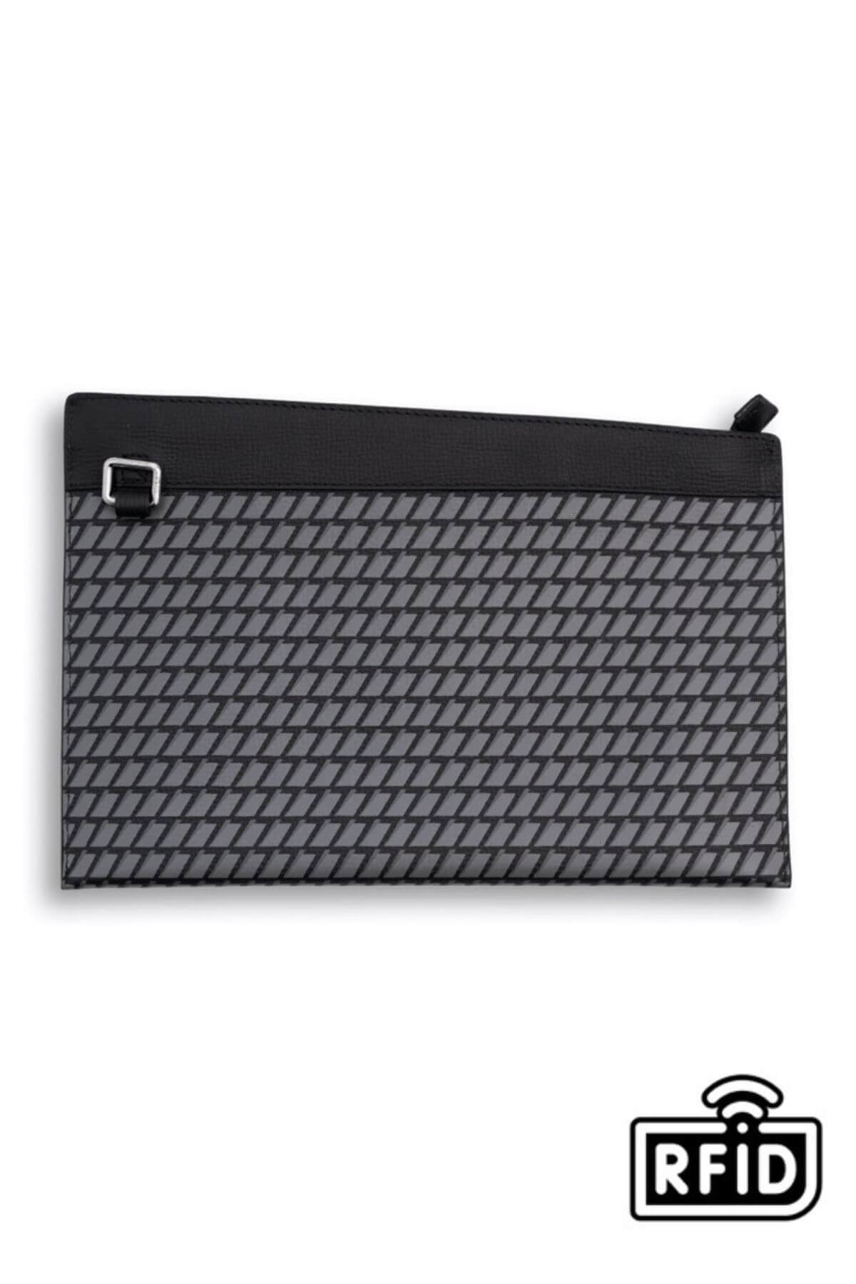Back view of black clutch bag