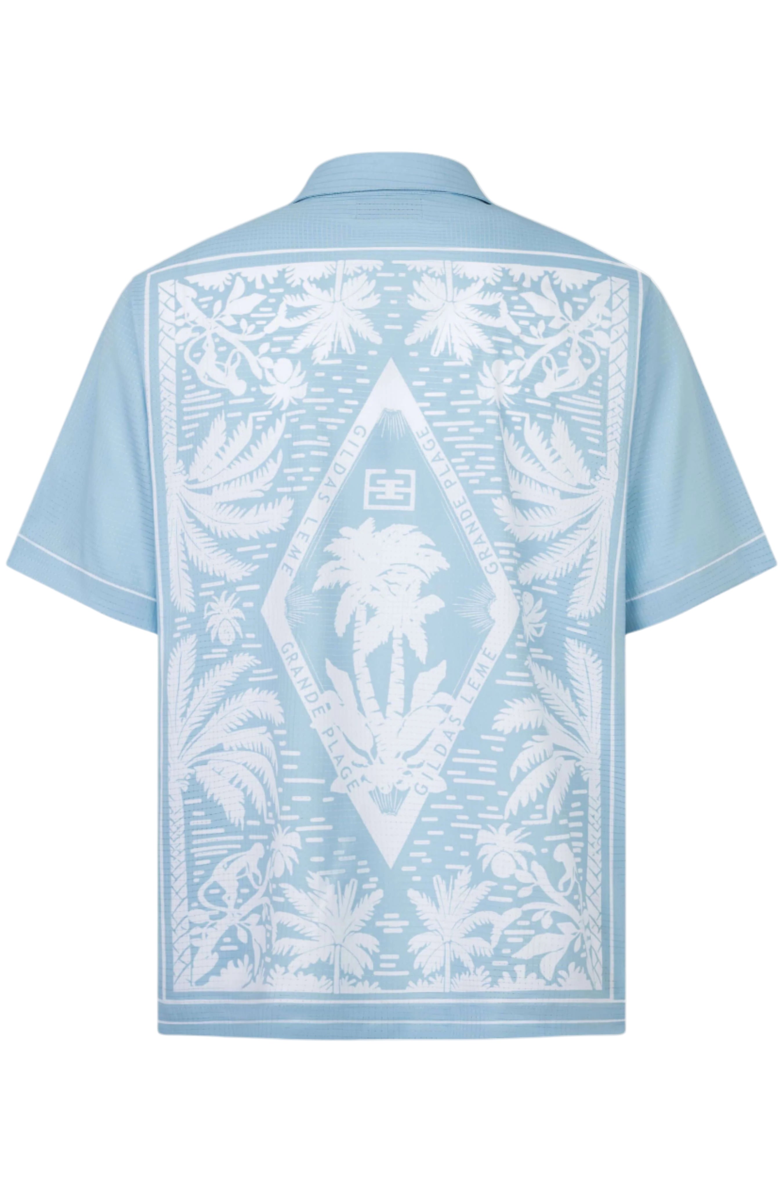 Back view of light blue Pink Paradise men’s resort shirt