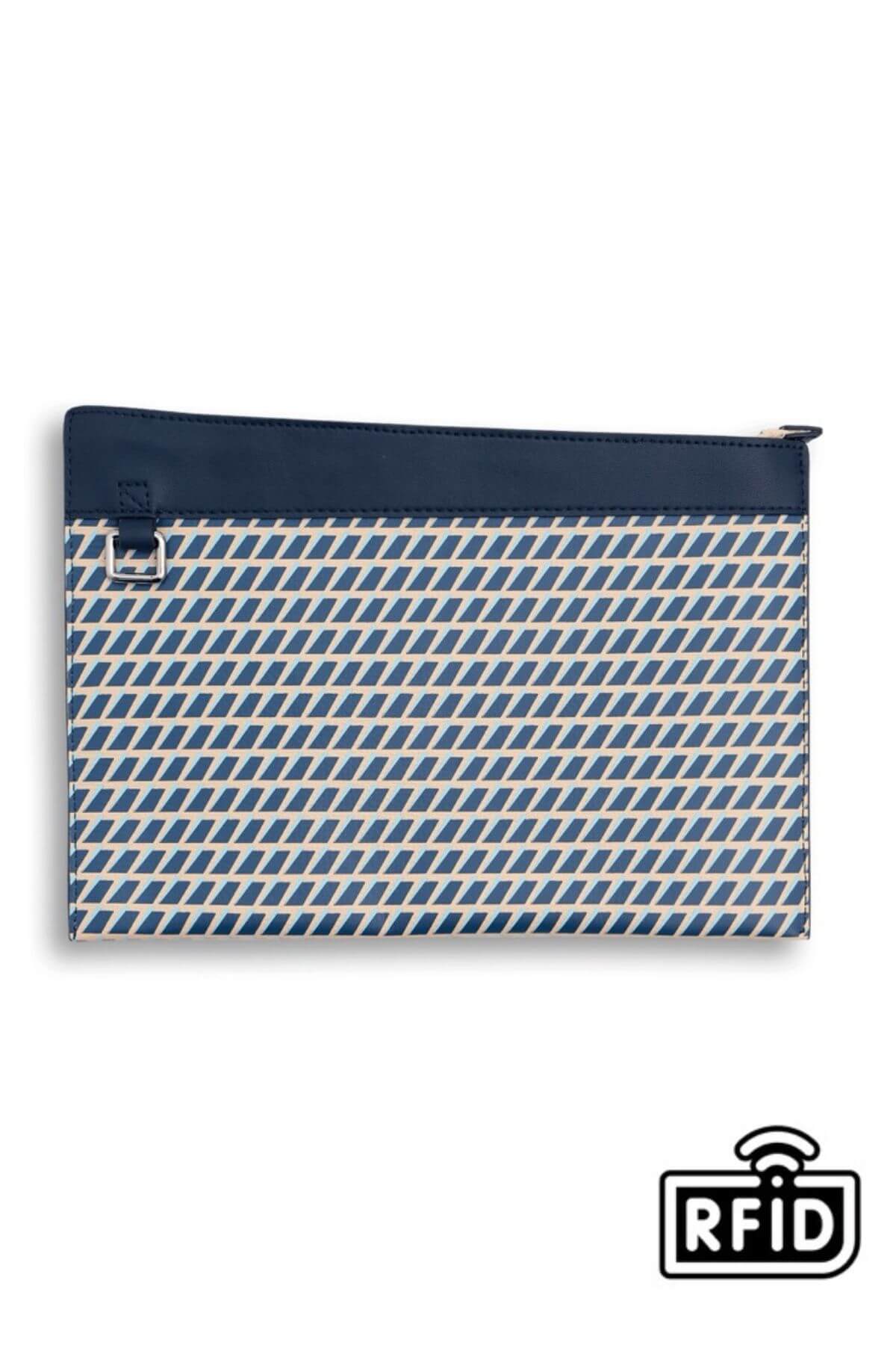Back view of navy blue leather clutch bag