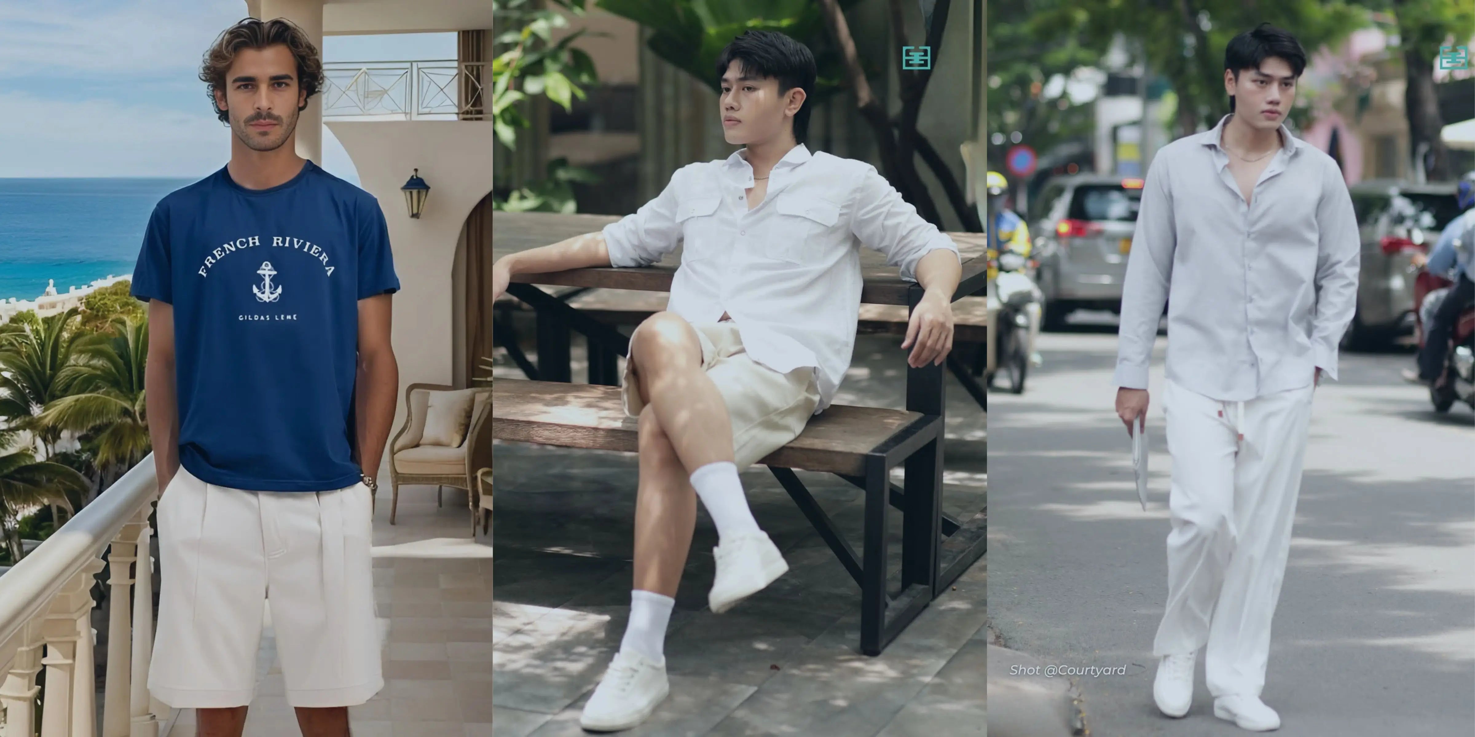 Three different outfits worn by a person in various settings.