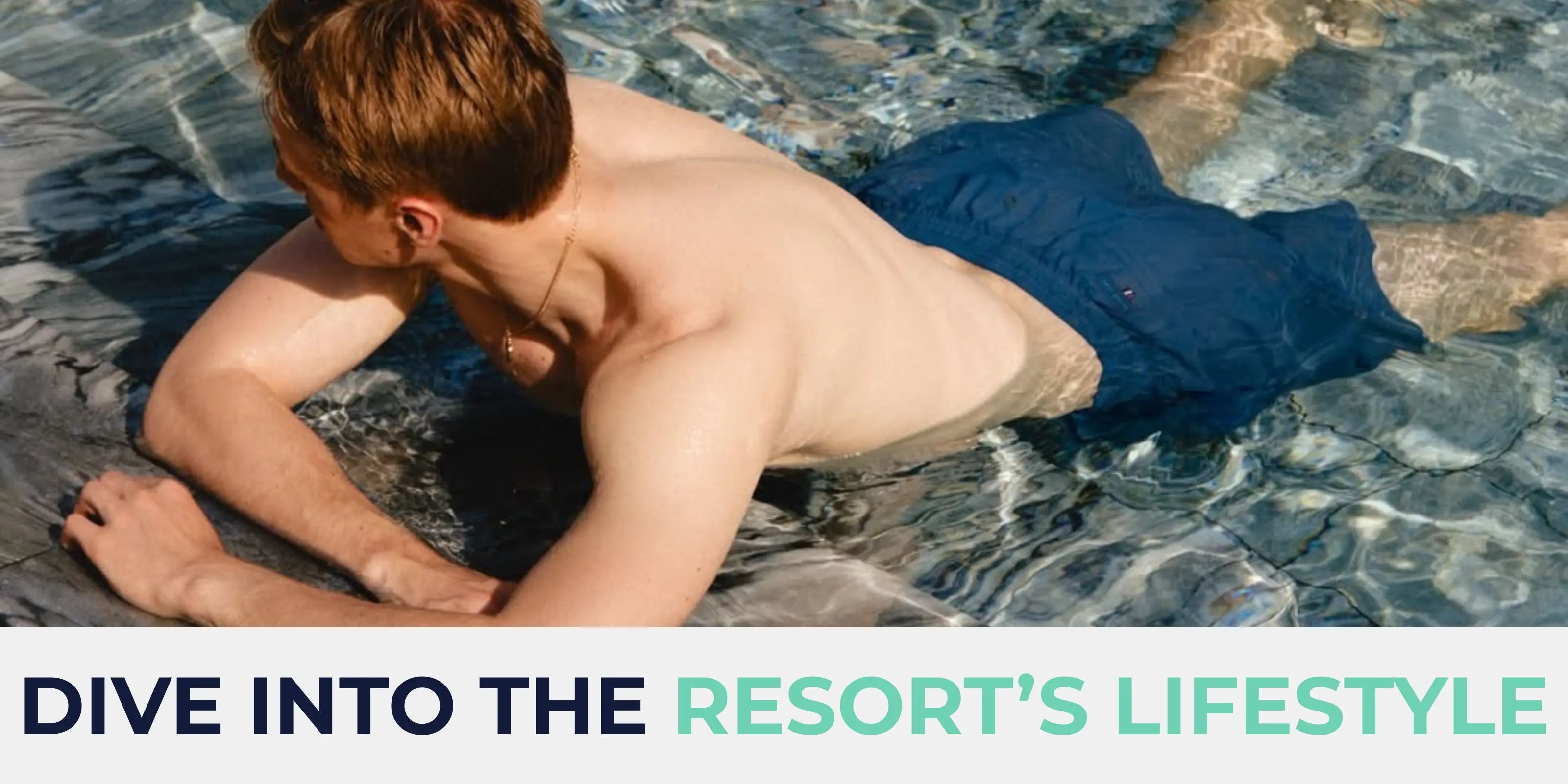 Child lying on rocks in clear water with promotional text overlay