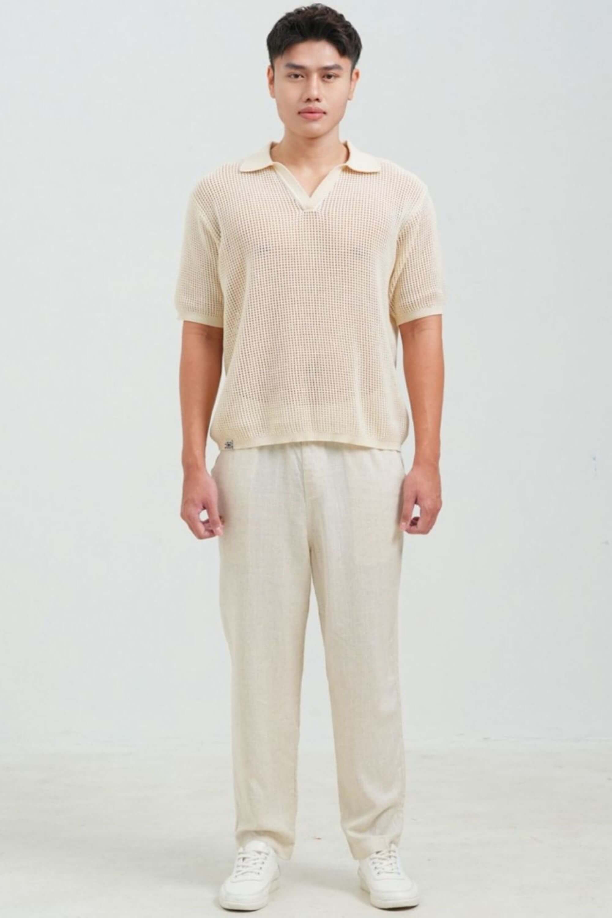 beach linen pant beige view on model