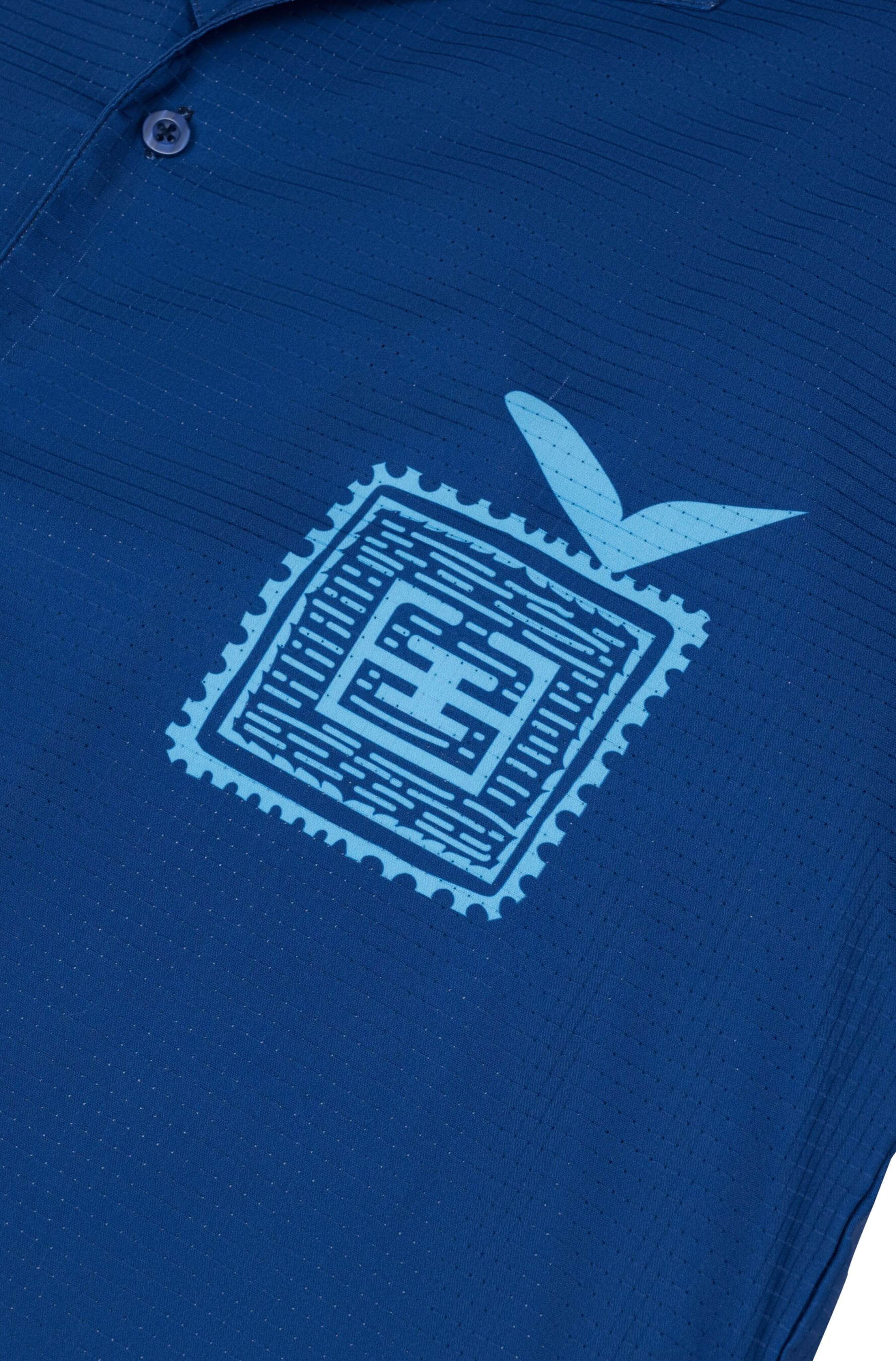 Printed chest logo on Blue Stamp men’s resort shirt in navy blue
