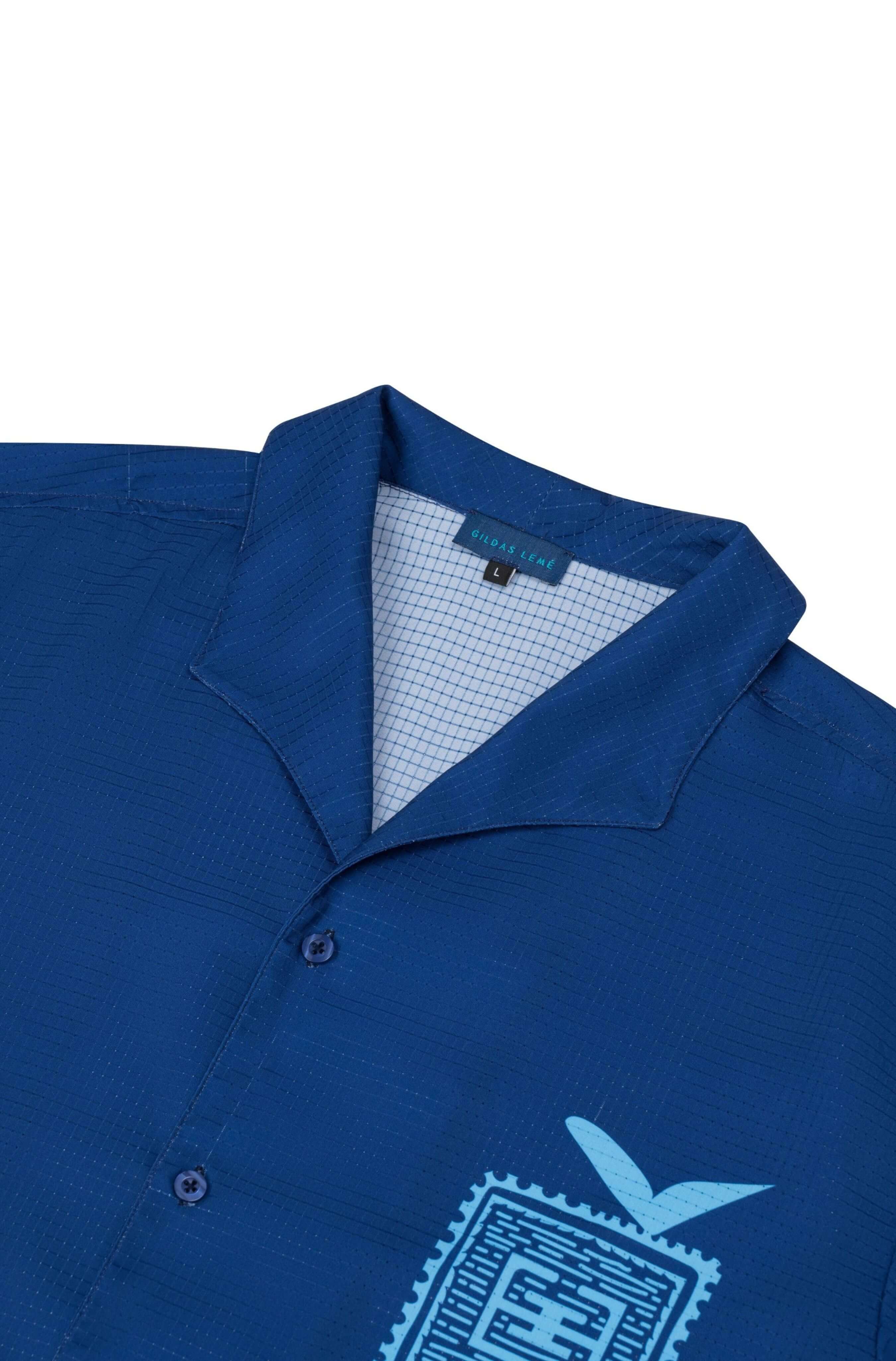Collar detail of Blue Stamp men’s resort shirt in navy blue