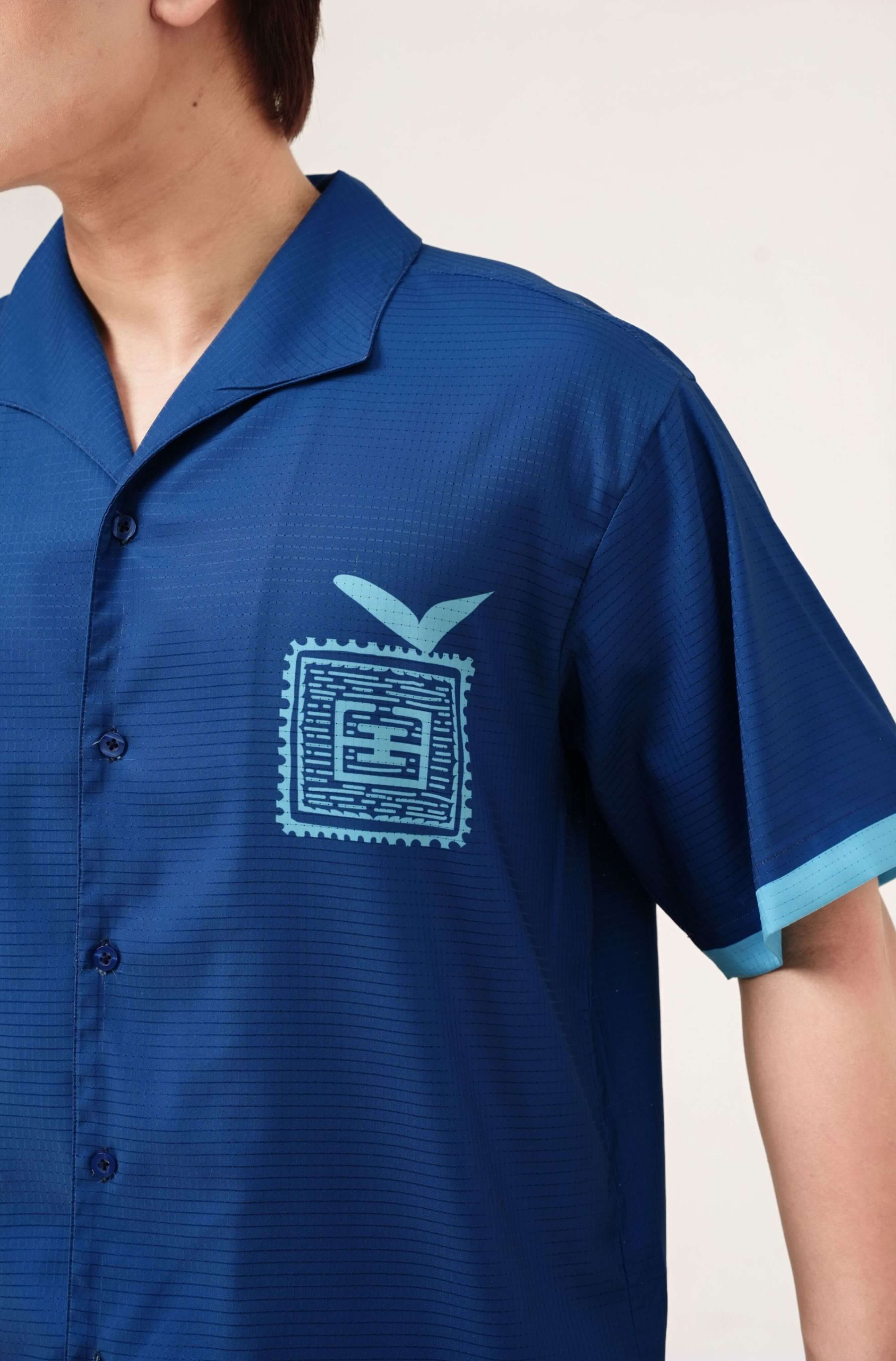 Real-life product photo of Blue Stamp men’s resort shirt in navy blue