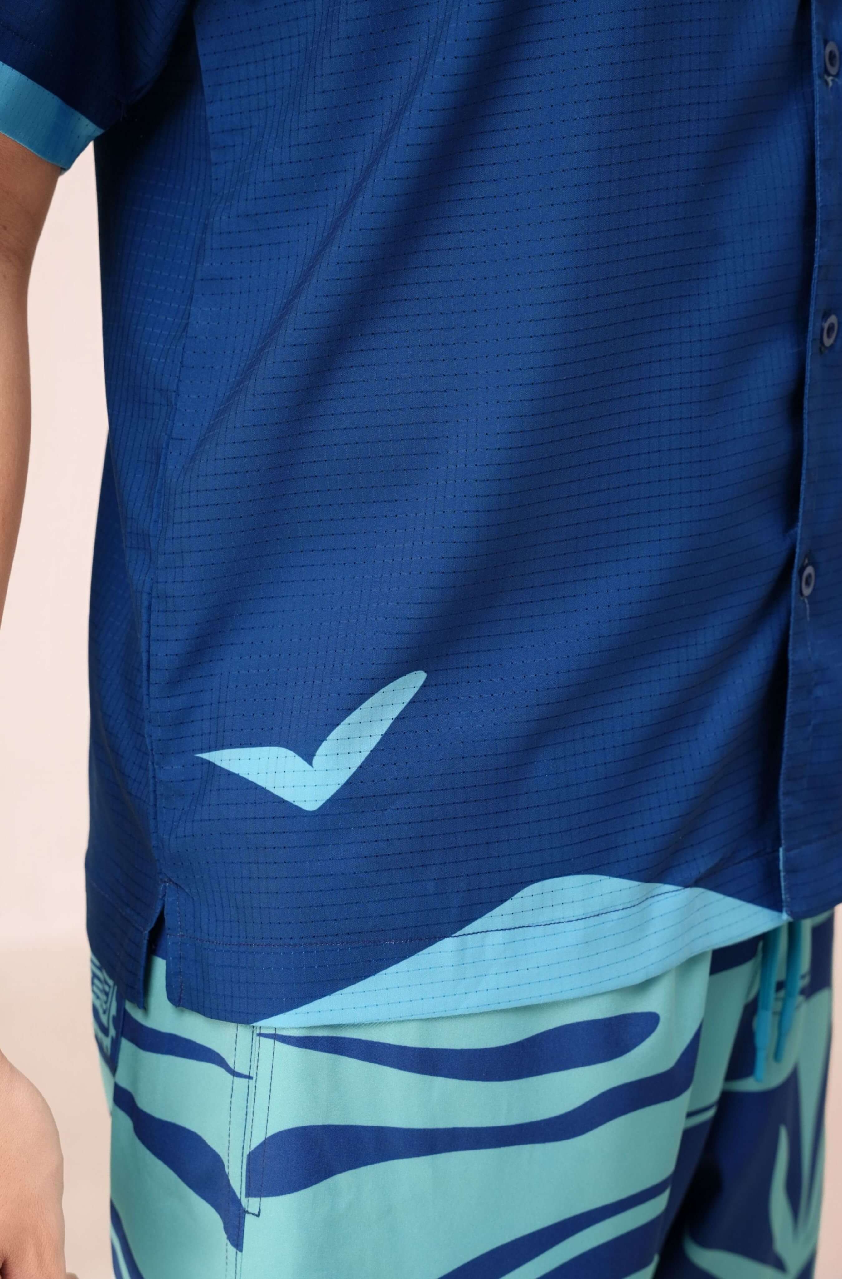 Printed pattern under the collar of Blue Stamp men’s navy resort shirt