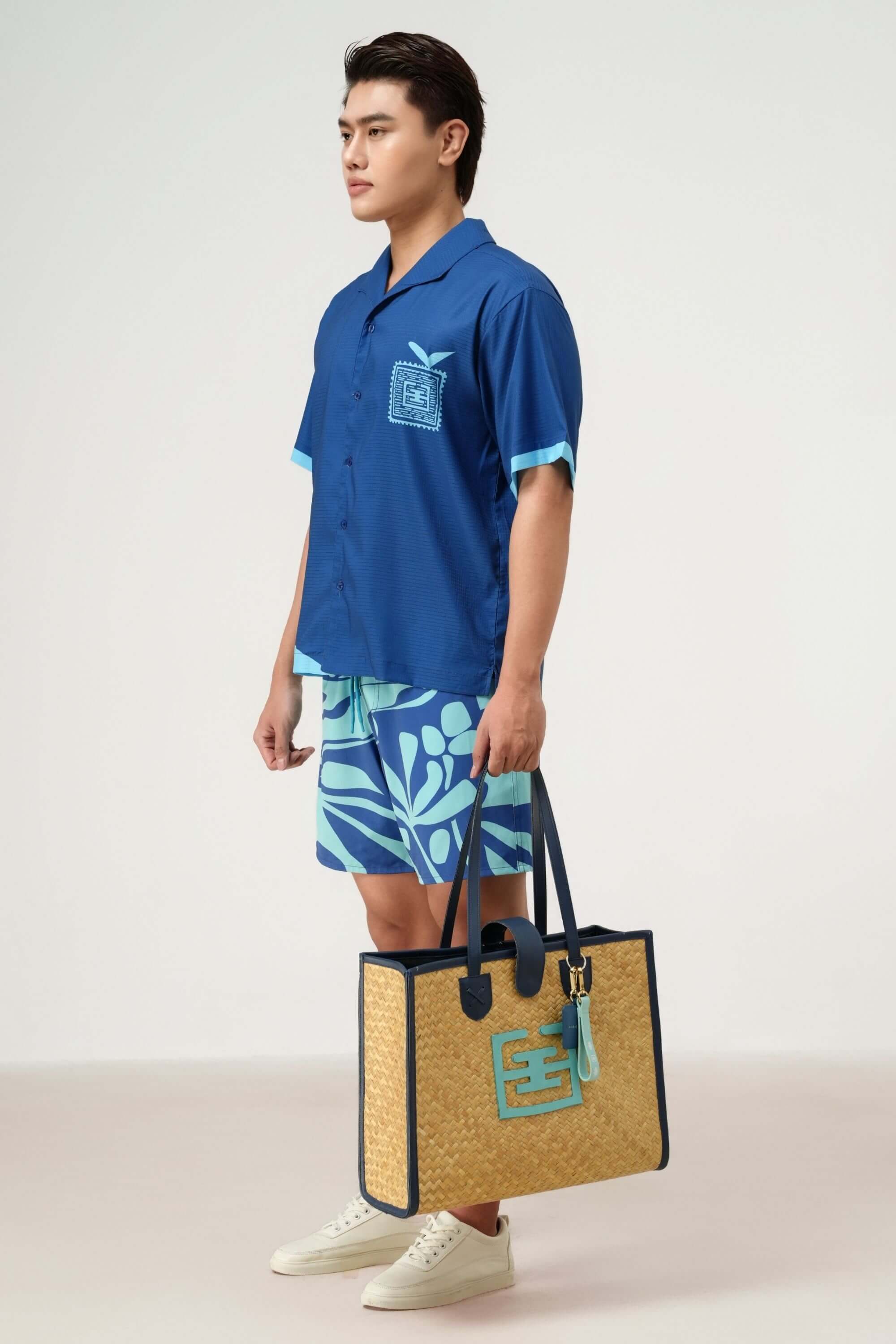 blue stamp resort set navy front view on model #color_navy