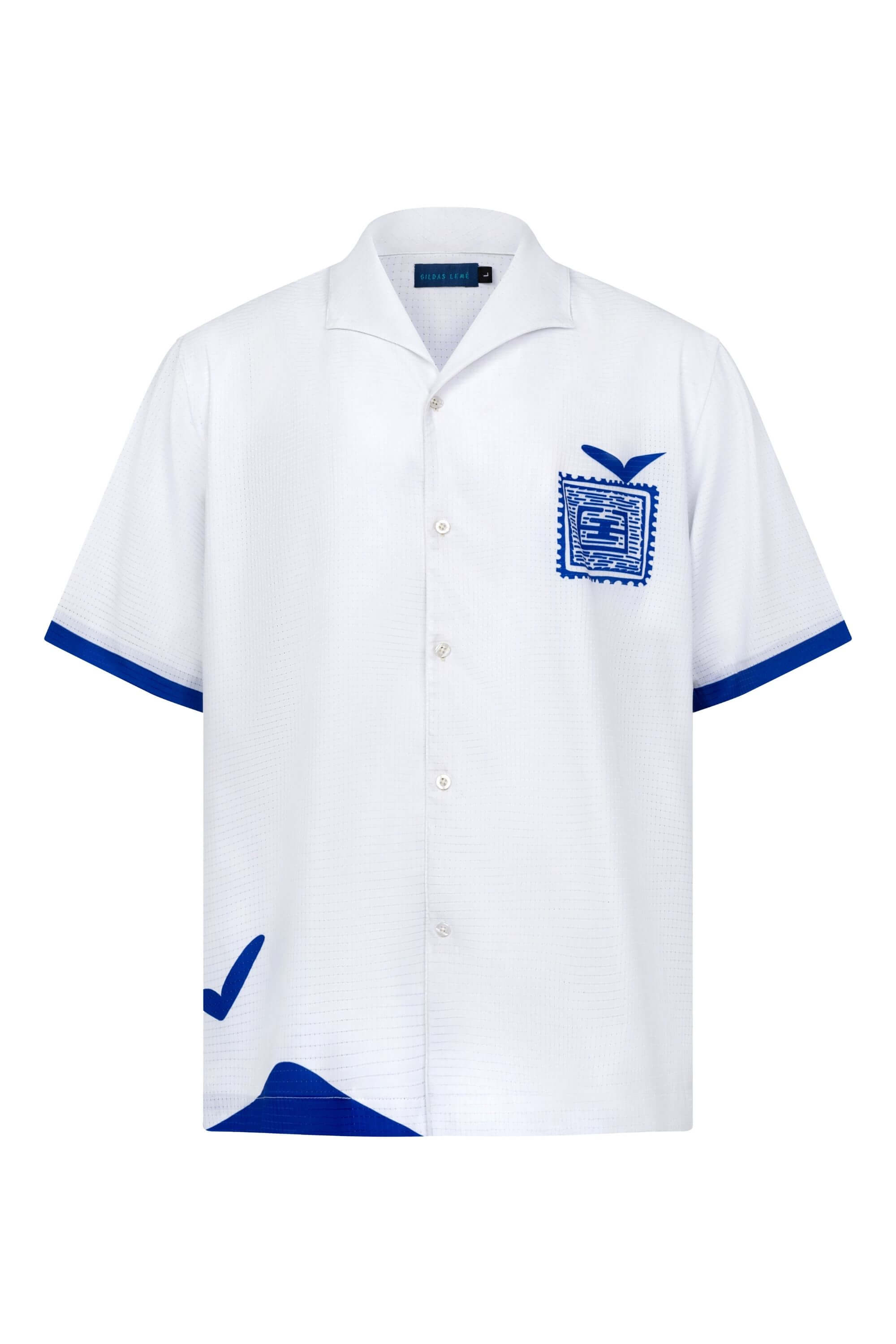 blue stamp resort shirt front view #color_white