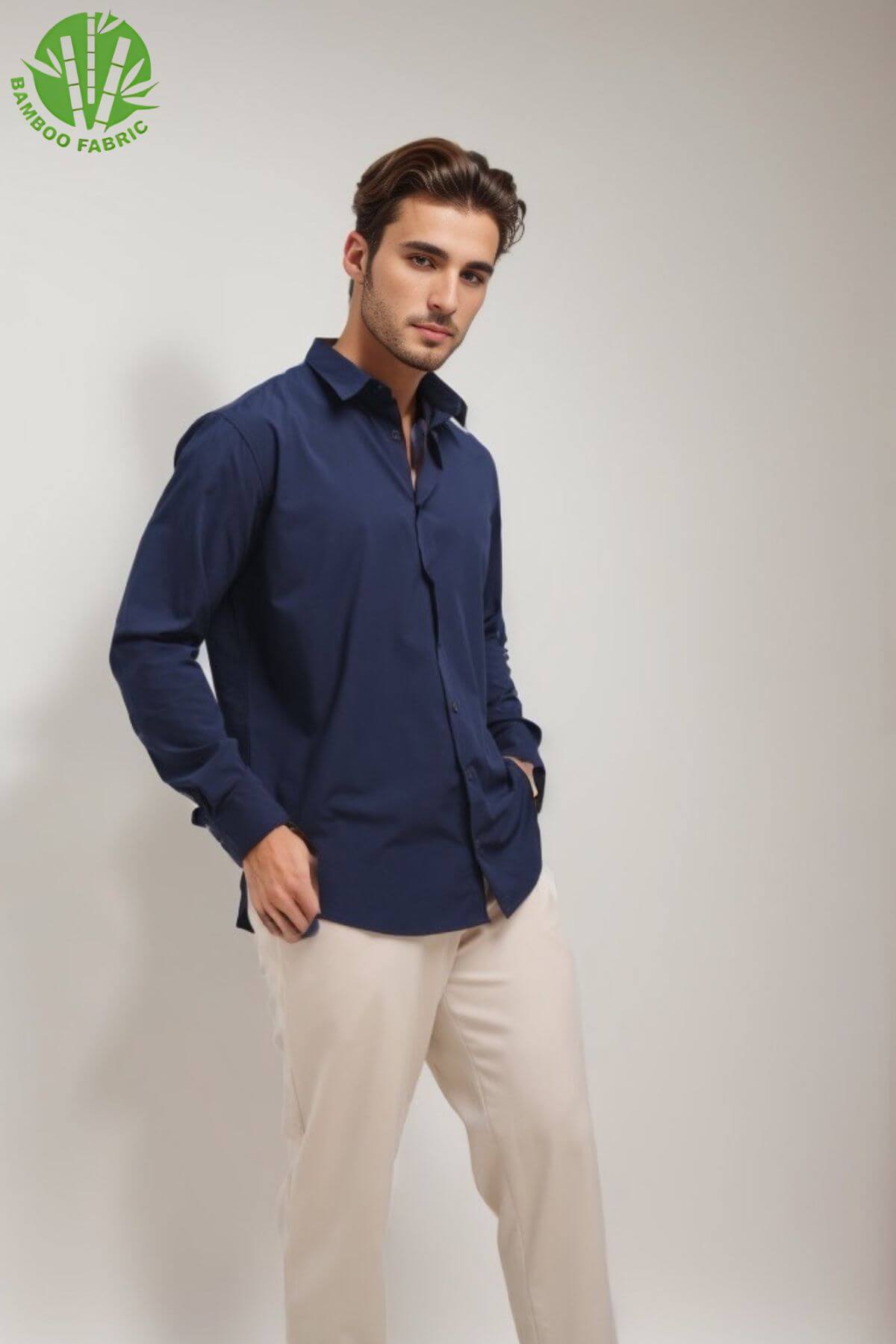Breathable men’s navy bamboo Riviera long sleeve shirt – lightweight, moisture-wicking, and perfect for warm weather or resort wear