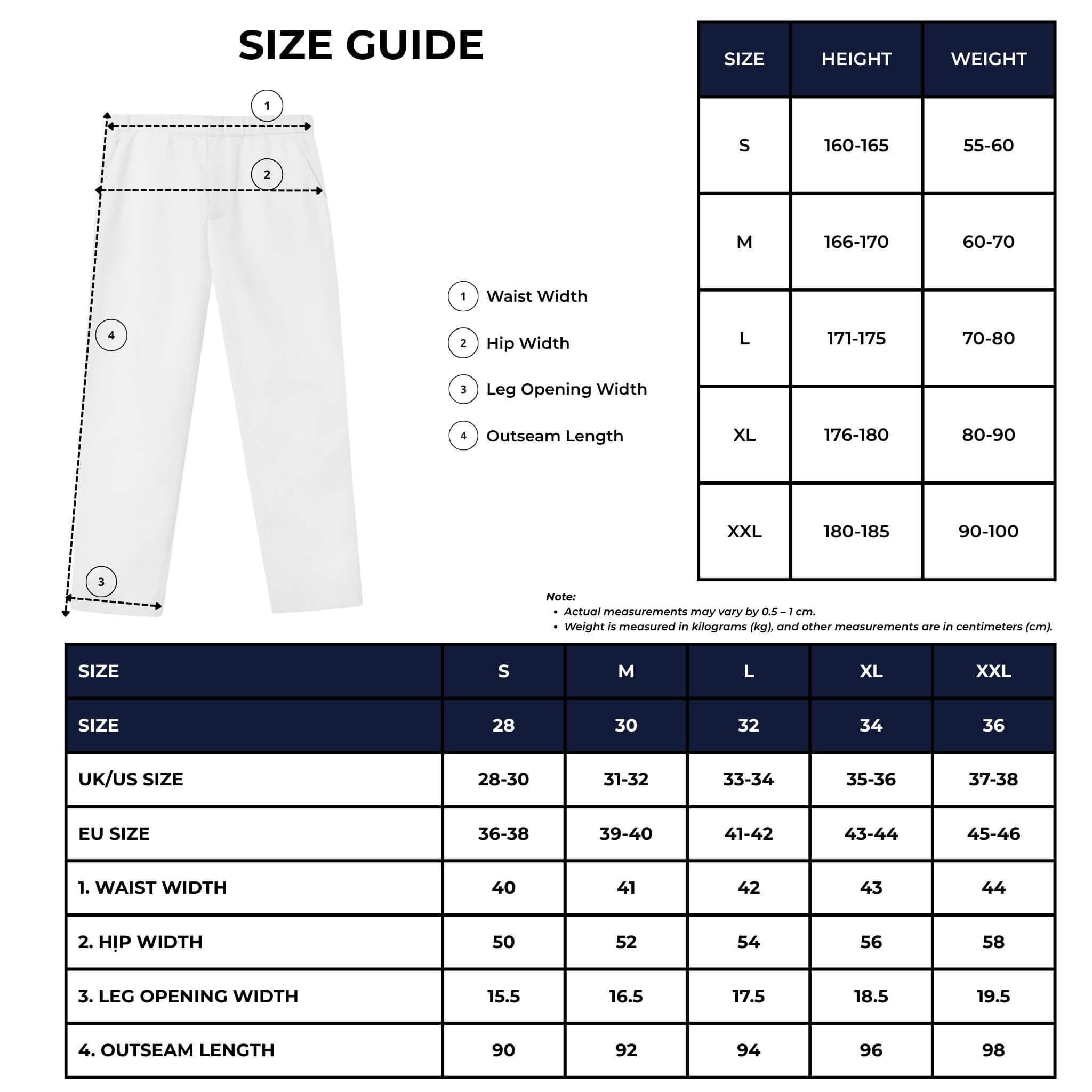 chino cotton pant size chart