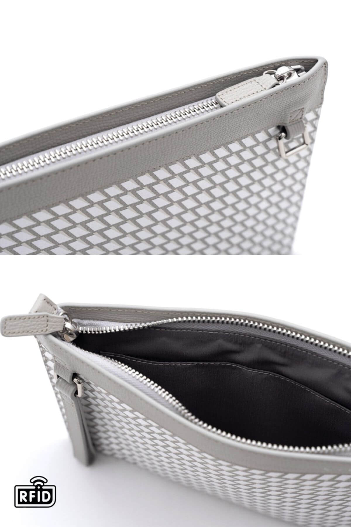 lose-up details of silver clutch bag showing texture and stitching