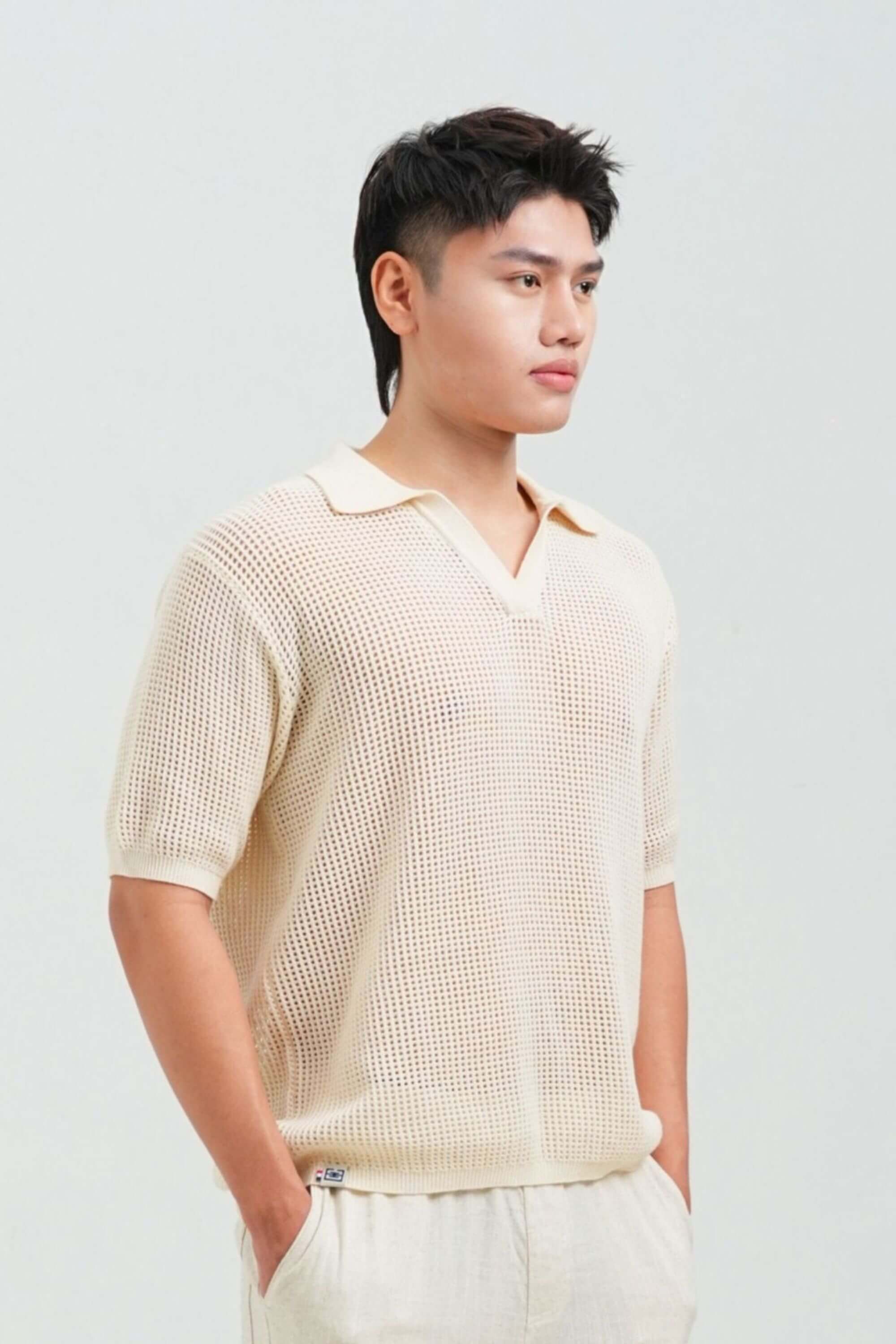coast knit polo shirt beige side view on model