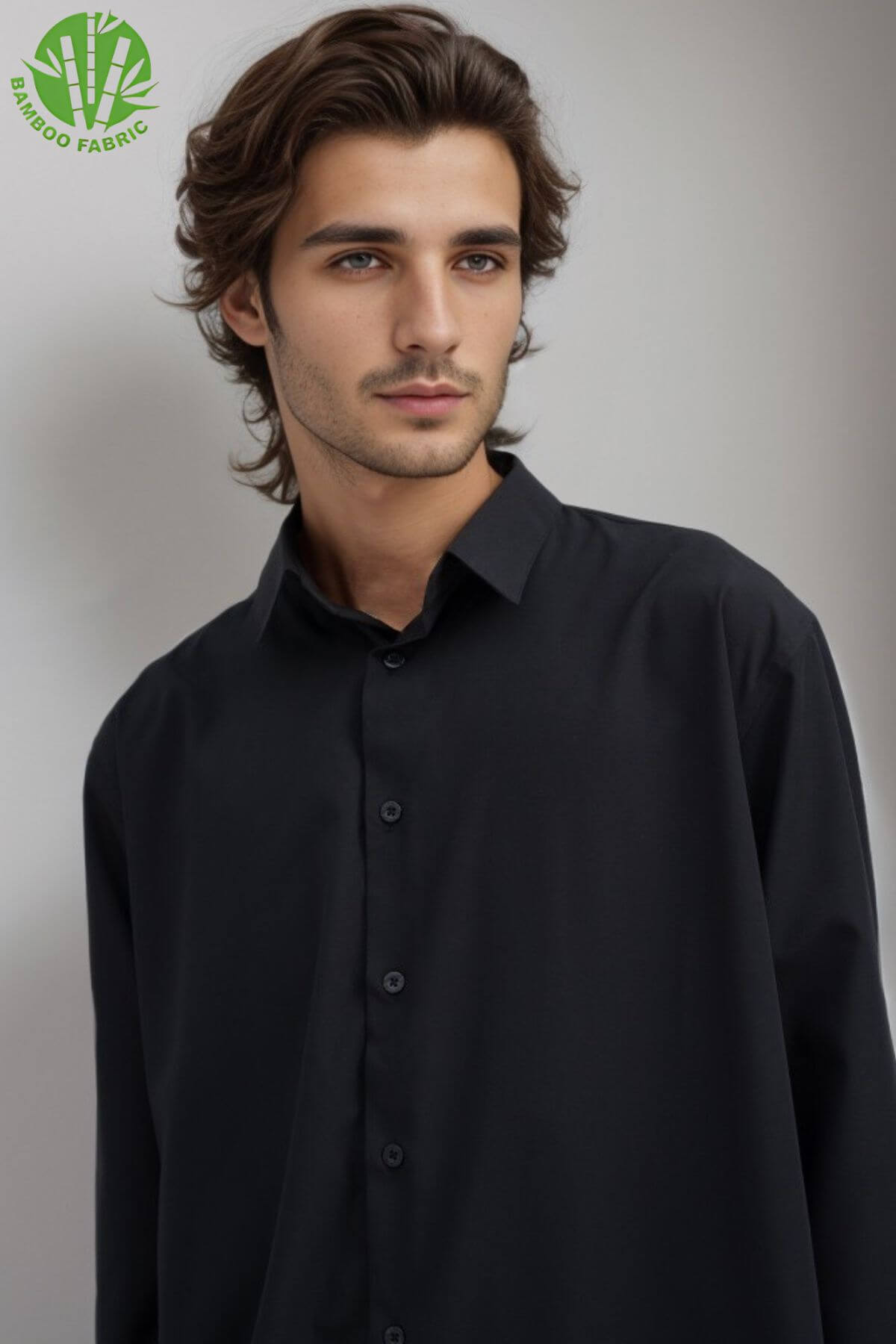 Collar detail of men’s black bamboo Riviera long sleeve shirt – minimalist neckline with soft, breathable, eco-friendly fabric