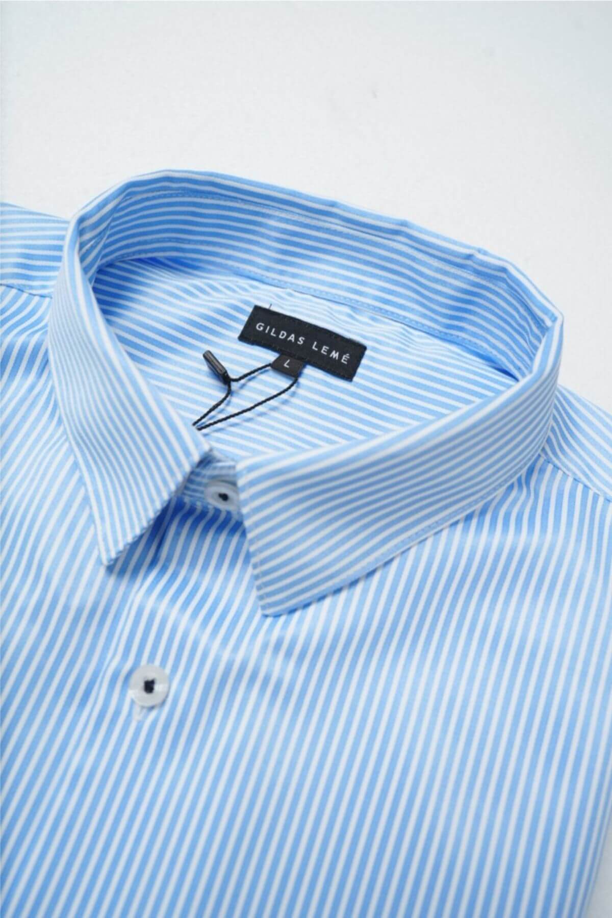 Collar detail of Riviera men’s long-sleeve striped shirt