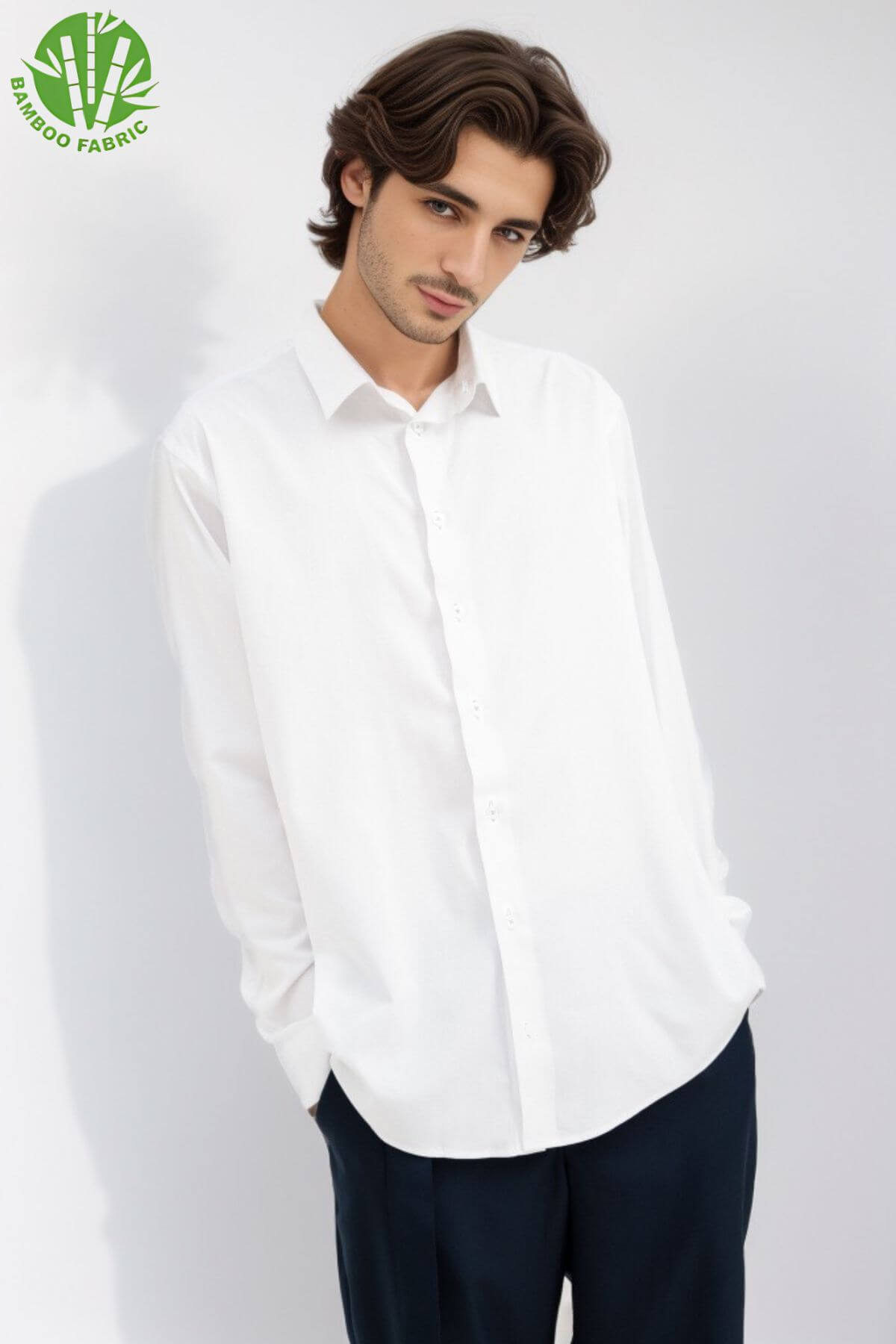 Eco-friendly men’s white bamboo Riviera long sleeve shirt – breathable, sustainable fabric with elegant design for conscious lifestyle