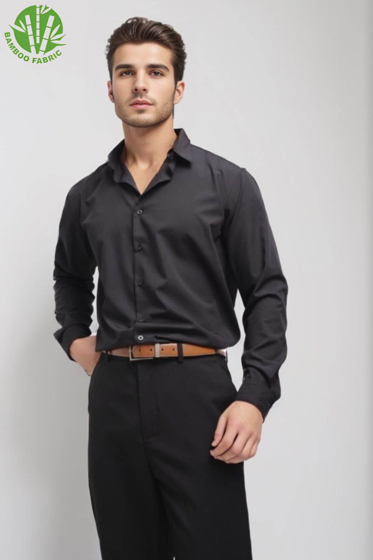Elegant men’s black bamboo Riviera long sleeve shirt – breathable, sustainable fabric with a refined and versatile design suitable for formal or smart-casual wear