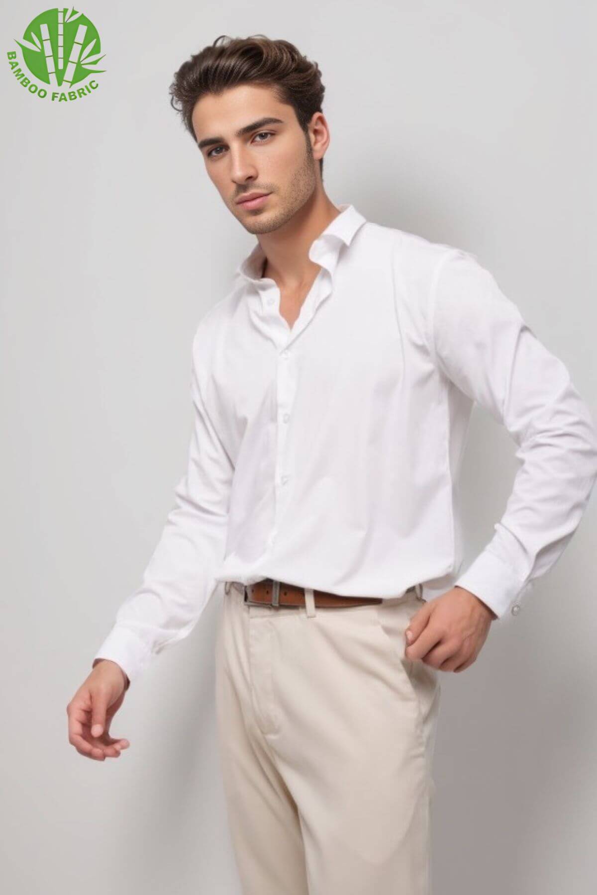 Elegant men’s white bamboo Riviera long sleeve shirt – lightweight, breathable, and perfect for smart-casual or formal occasions
