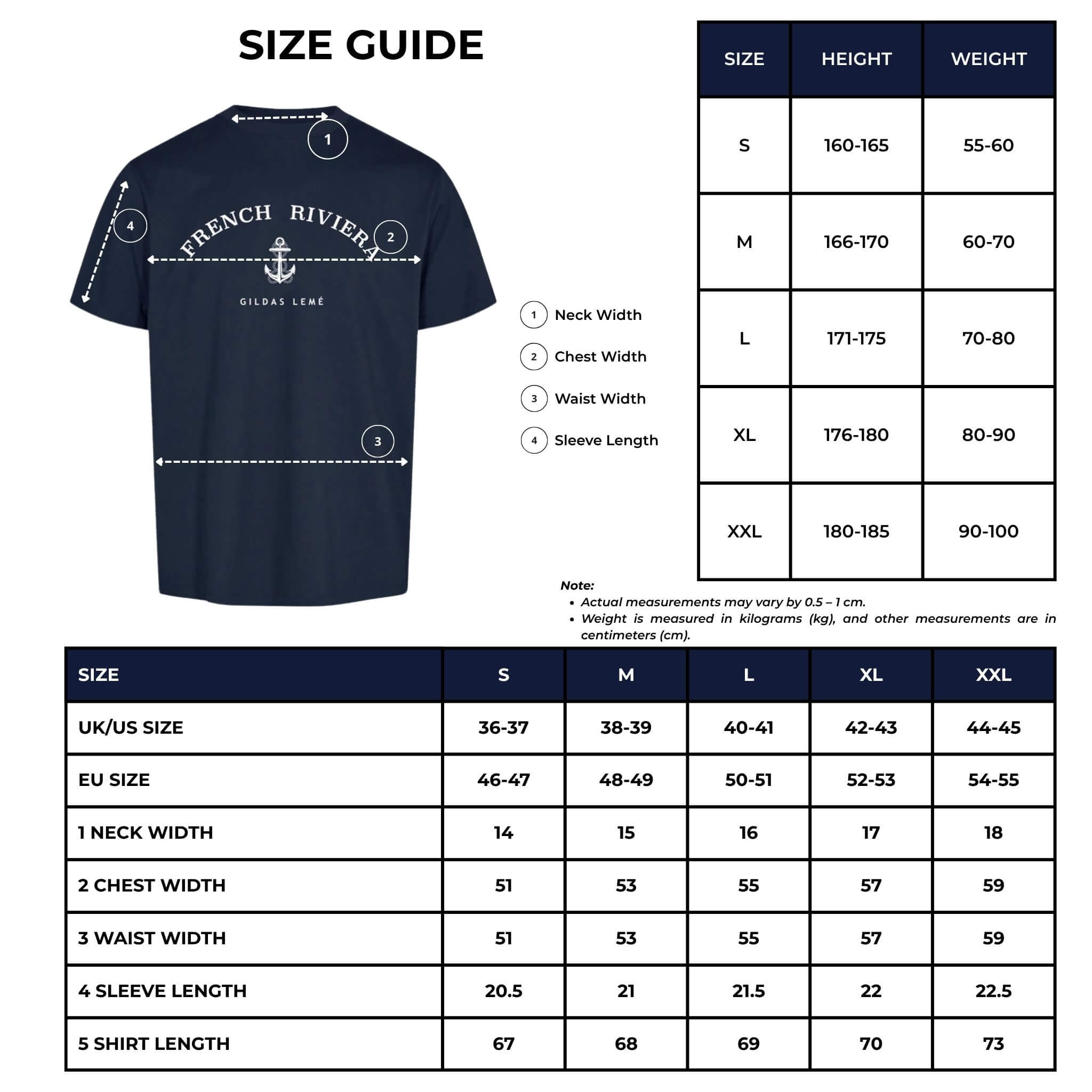 french riviera crew neck t-shirt size chart