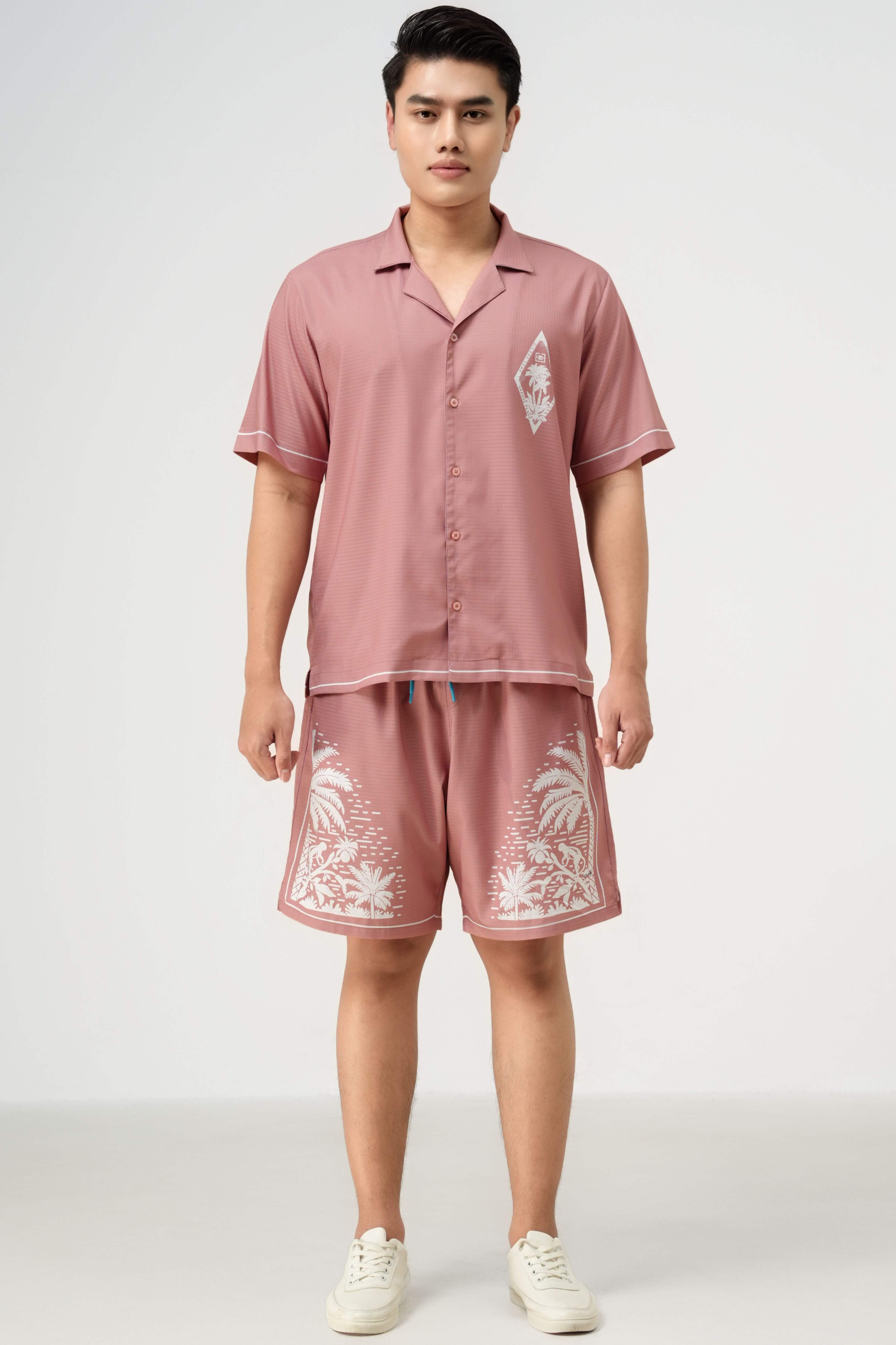 Front label of Pink Paradise men’s summer beachwear set