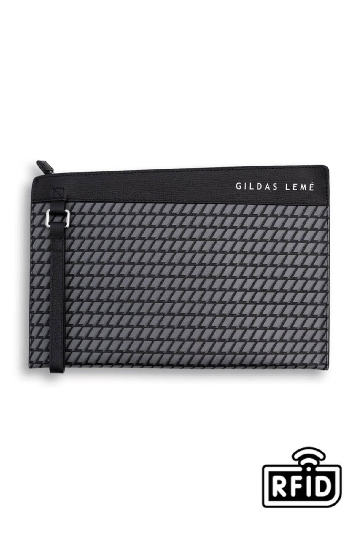 Front view of black clutch bag