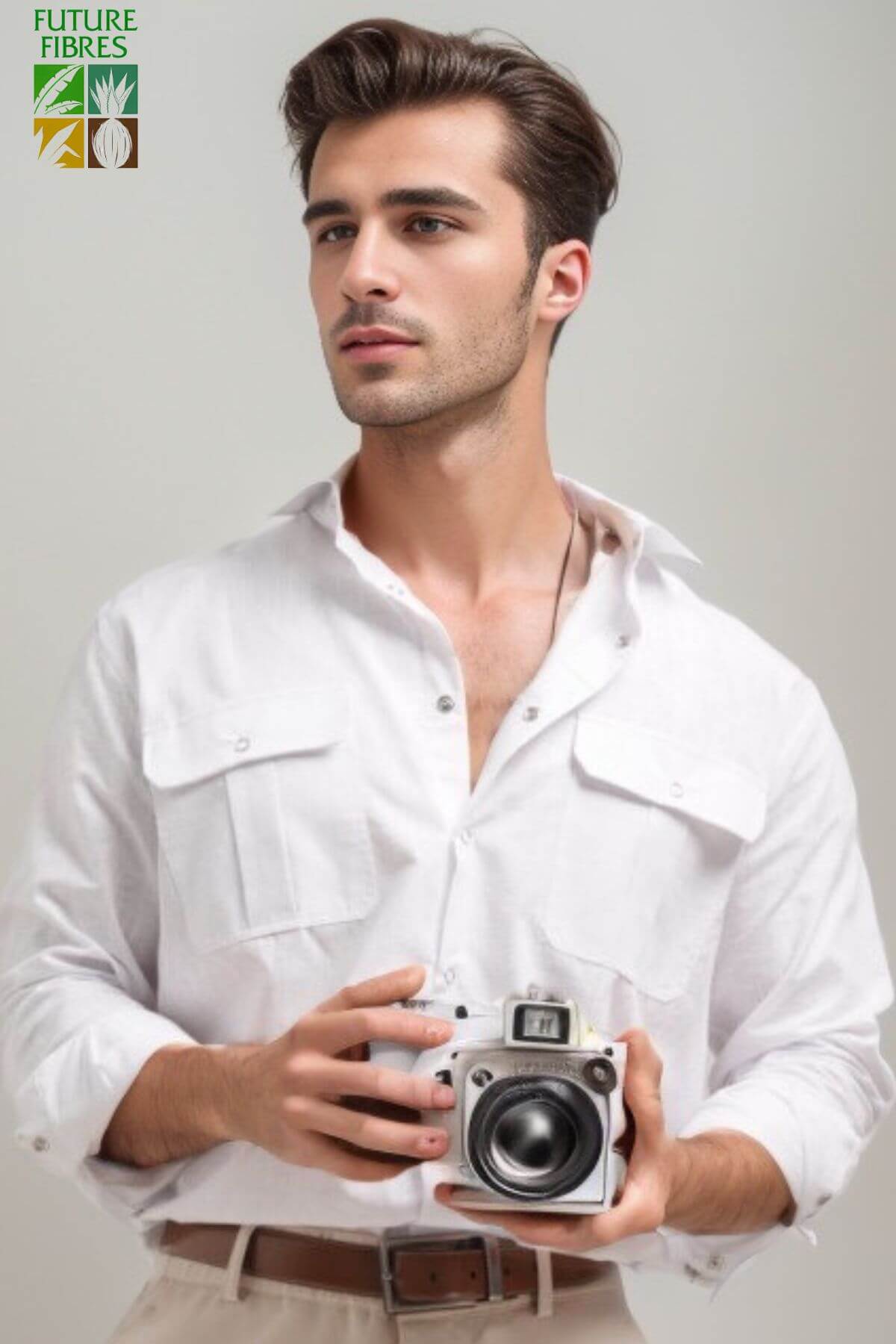 Front view of linen safari shirt with pockets