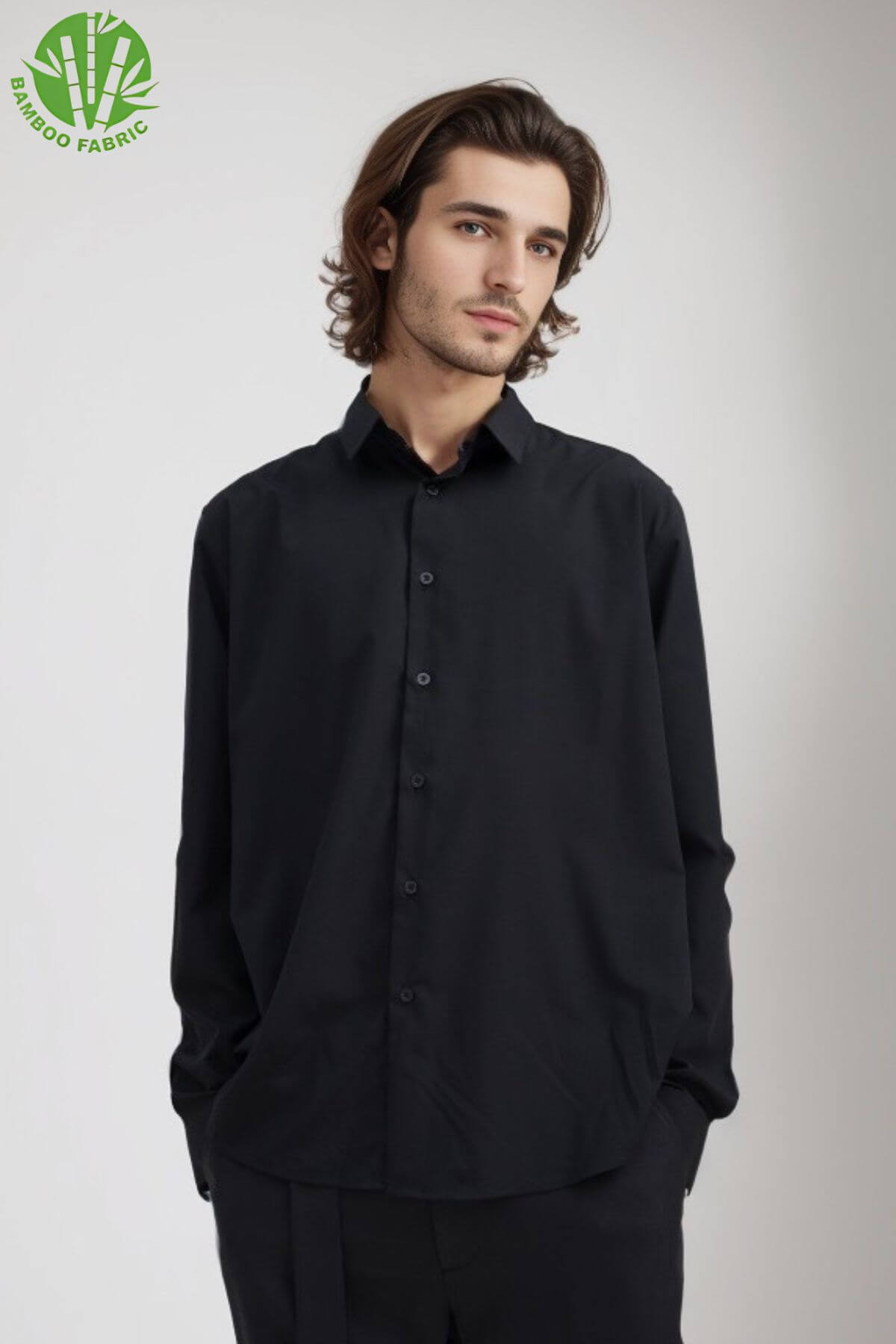 Front view of men’s black bamboo Riviera long sleeve shirt – sleek design with breathable, eco-friendly fabric