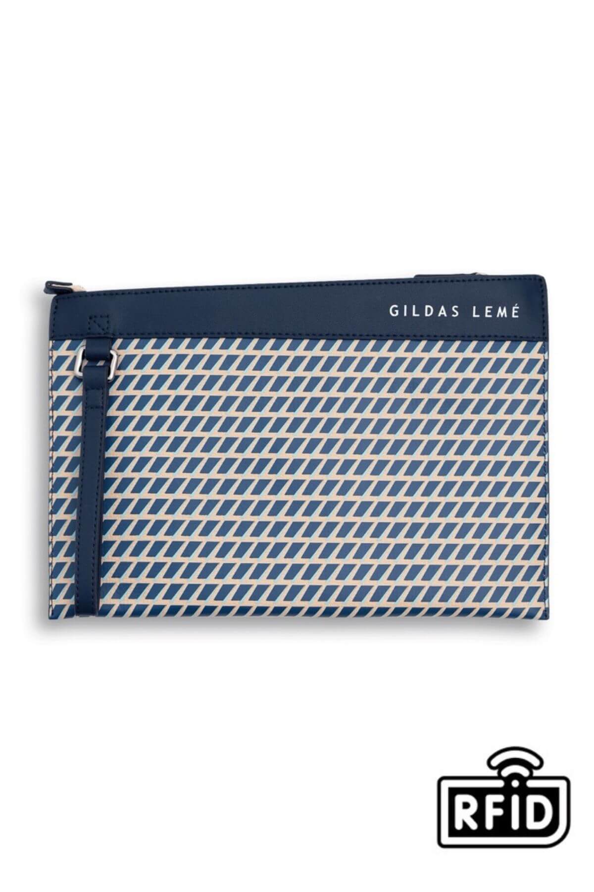 Front view of navy blue leather clutch bag