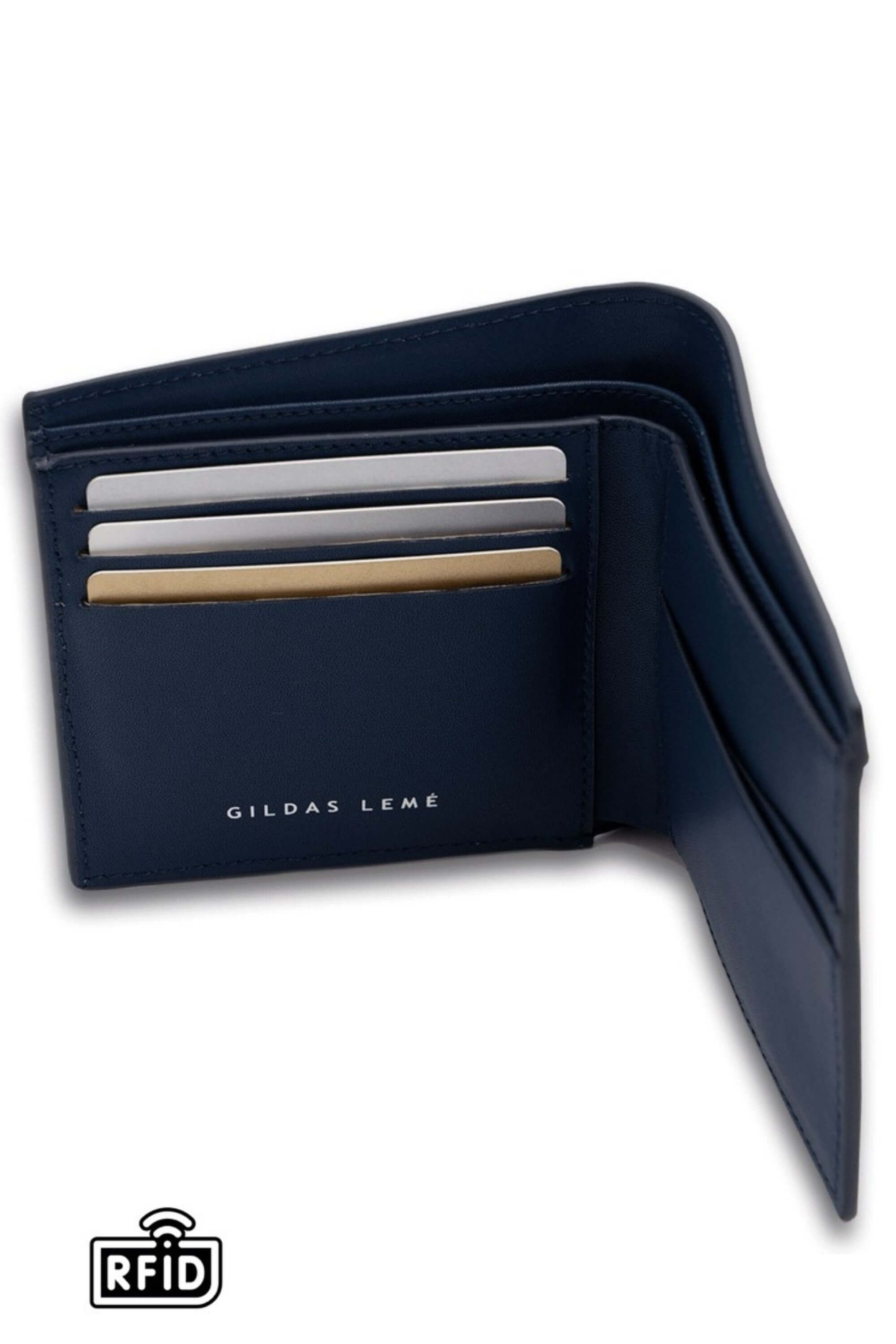 leather bi-fold wallet navy detail view #color_navy