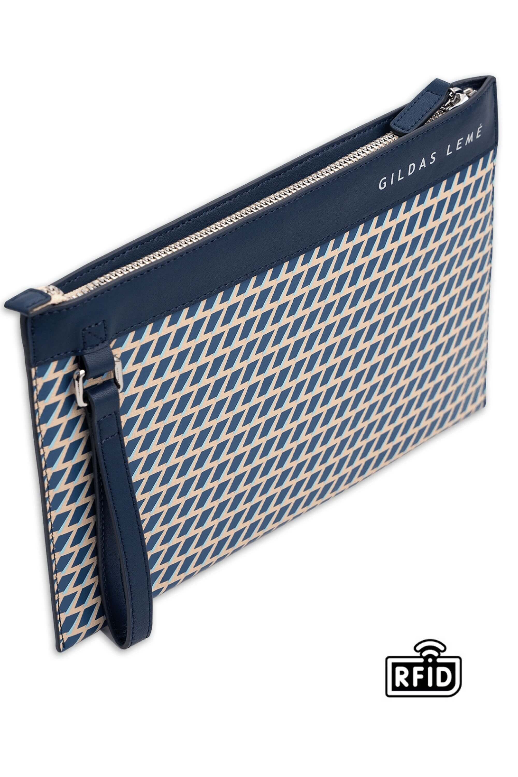 leather clutch bag navy side view #color_navy