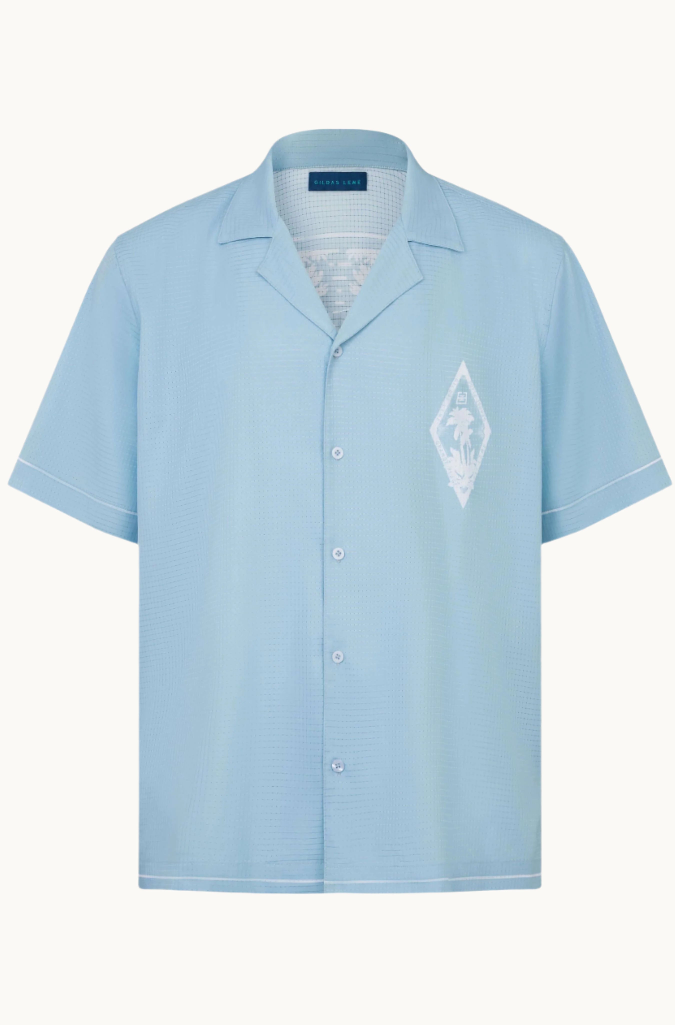 Light blue Pink Paradise men’s resort shirt – front view