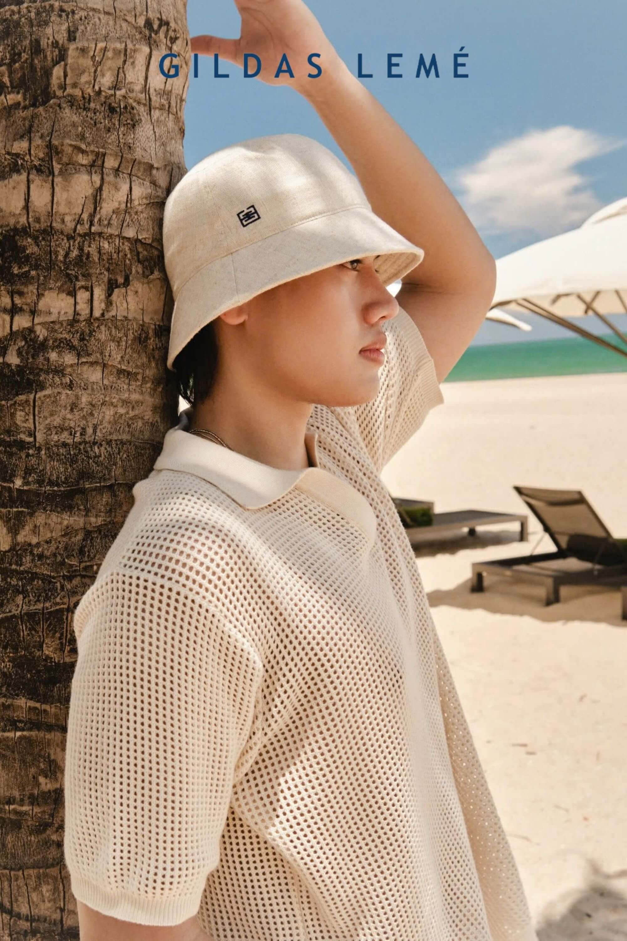 linen bucket hat on model
