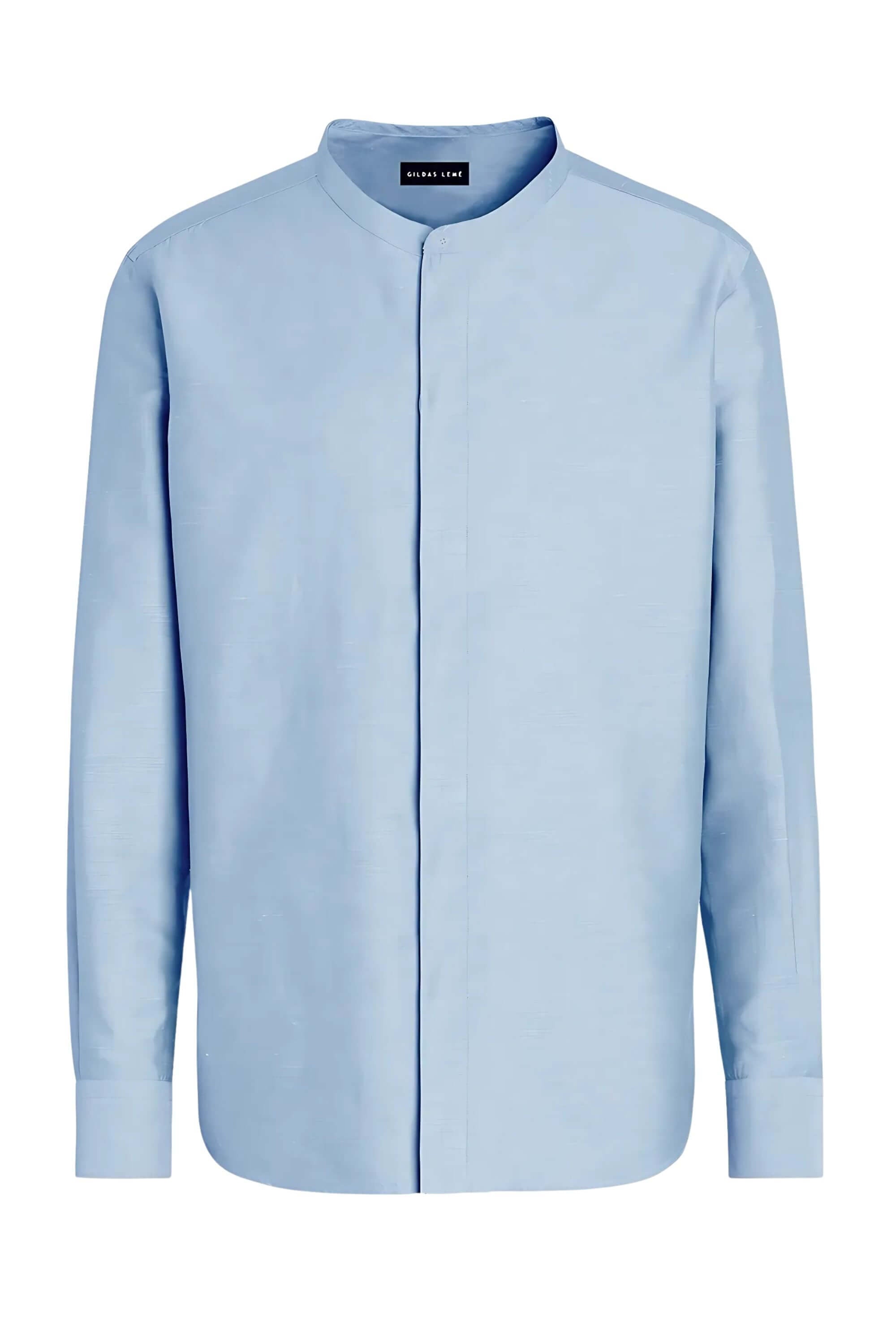 luxurious linen mandarin collar shirt light blue #color_light blue