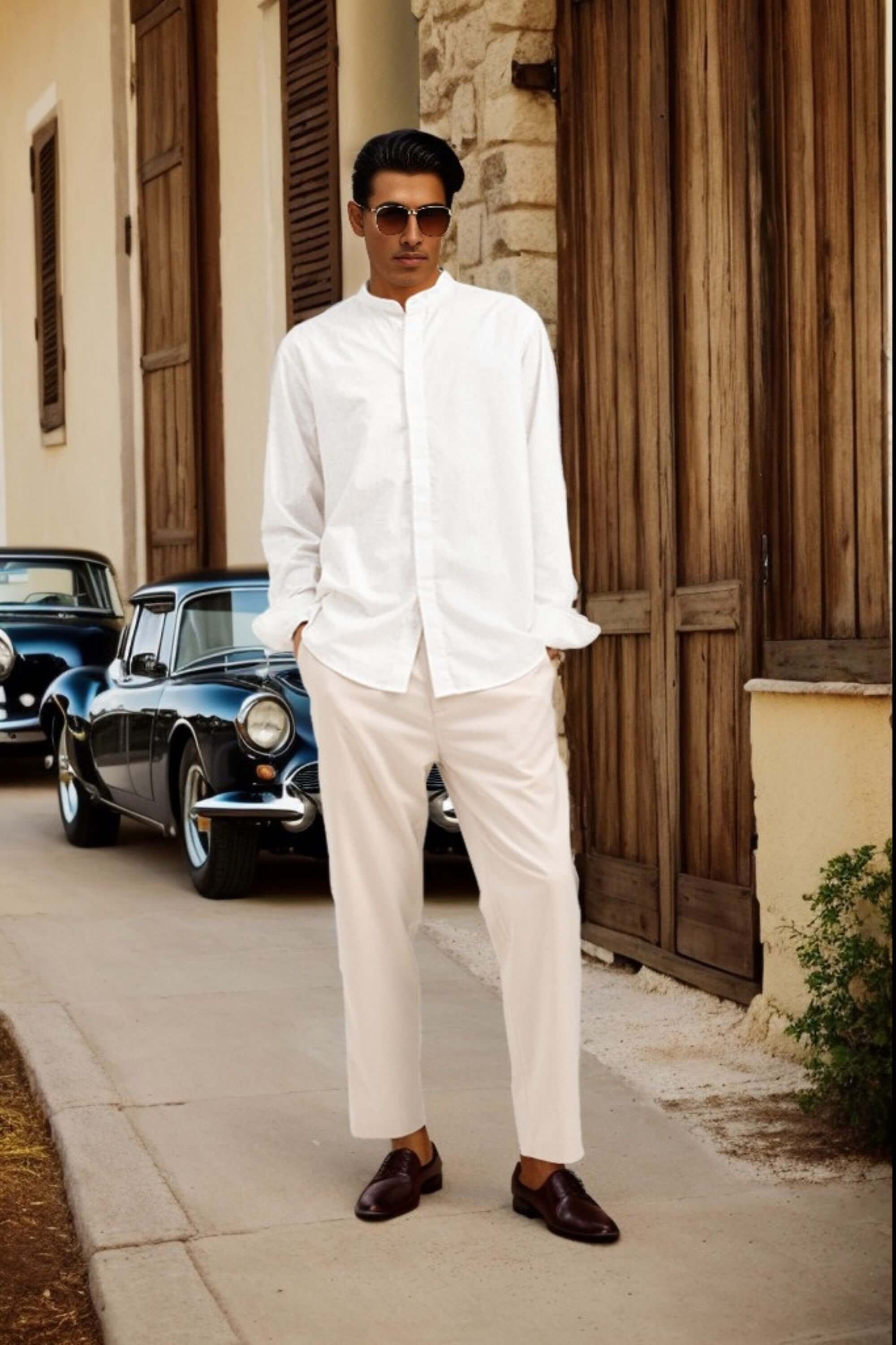 luxurious linen mandarin collar shirt white on model #color_white