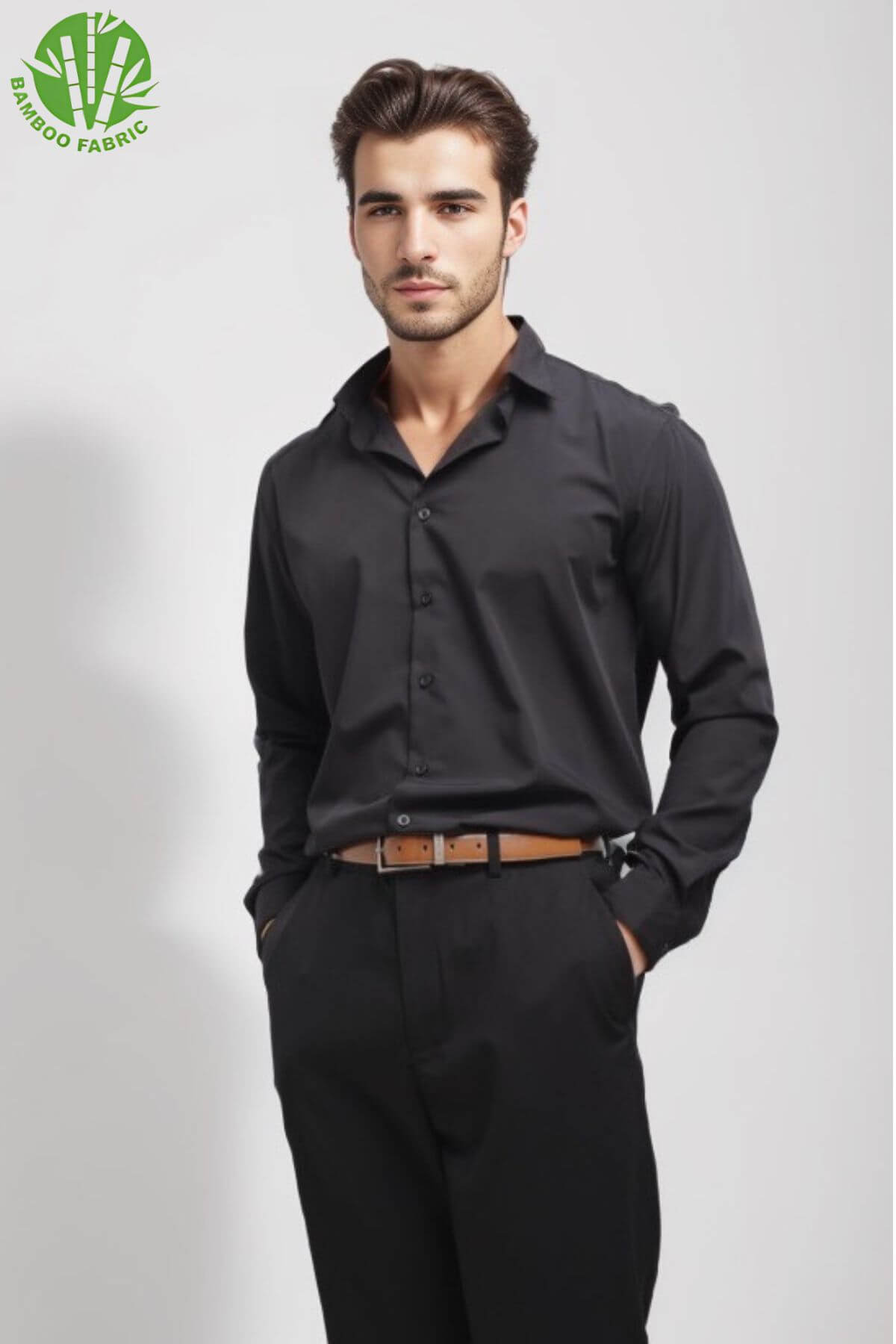 Men’s black bamboo Riviera long sleeve shirt styled with chino pants – a refined, breathable outfit perfect for smart-casual and urban wear