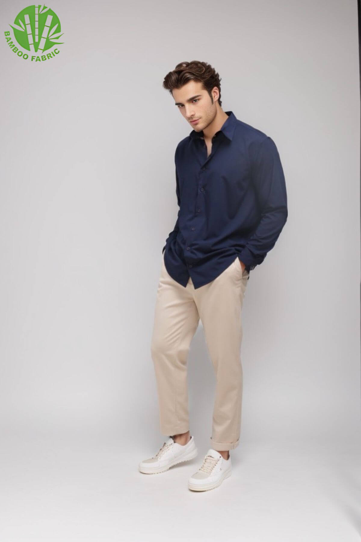 Men’s navy bamboo Riviera long sleeve shirt styled with chino pants – breathable, elegant outfit perfect for smart-casual occasions