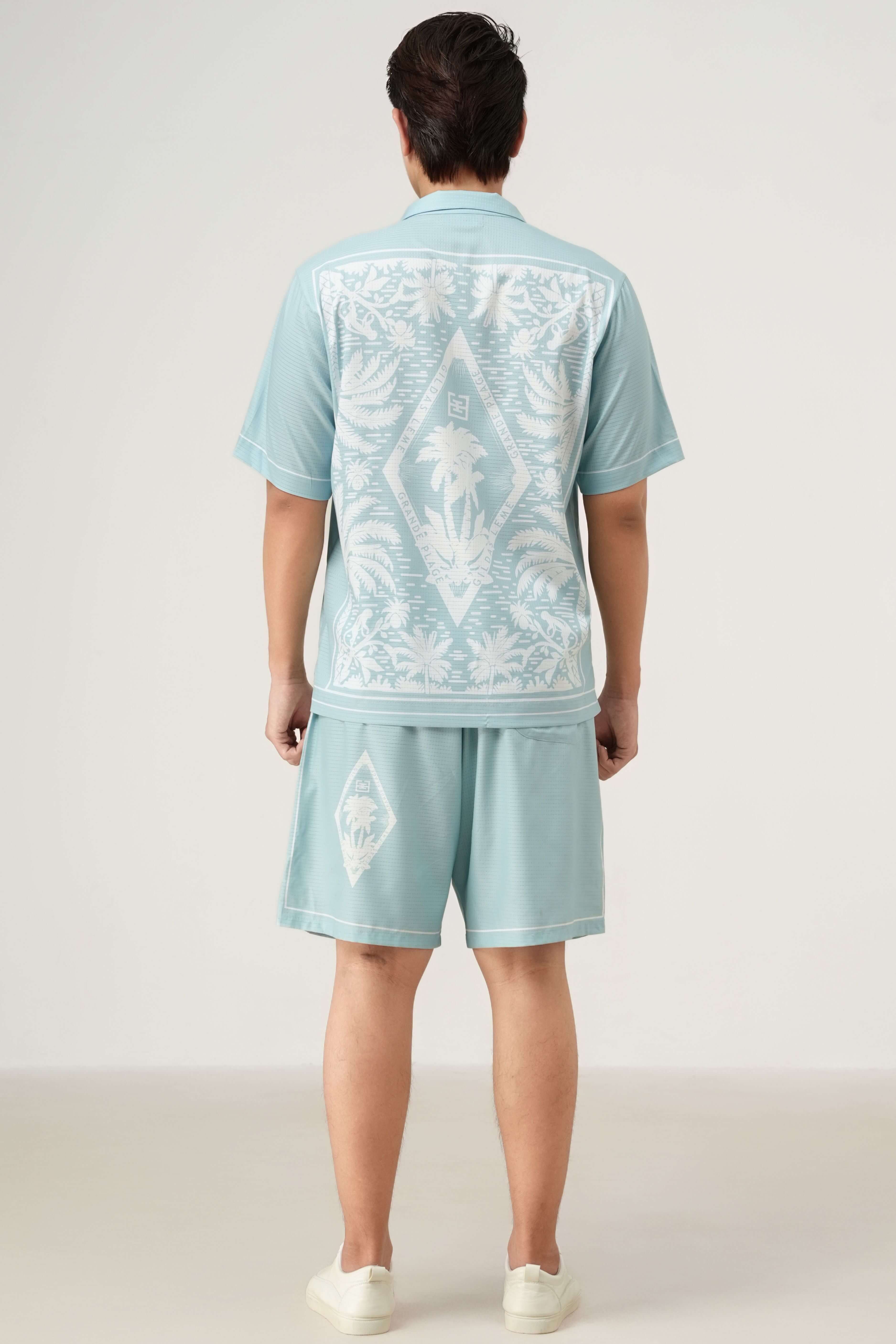 Back view of men’s Pink Paradise resort wear set