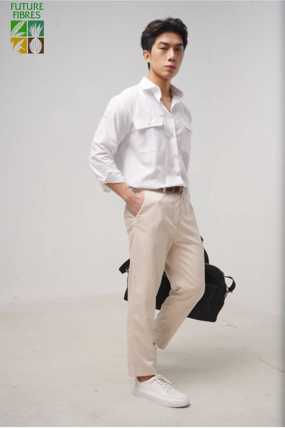 Linen safari shirt with pockets paired with chino pants