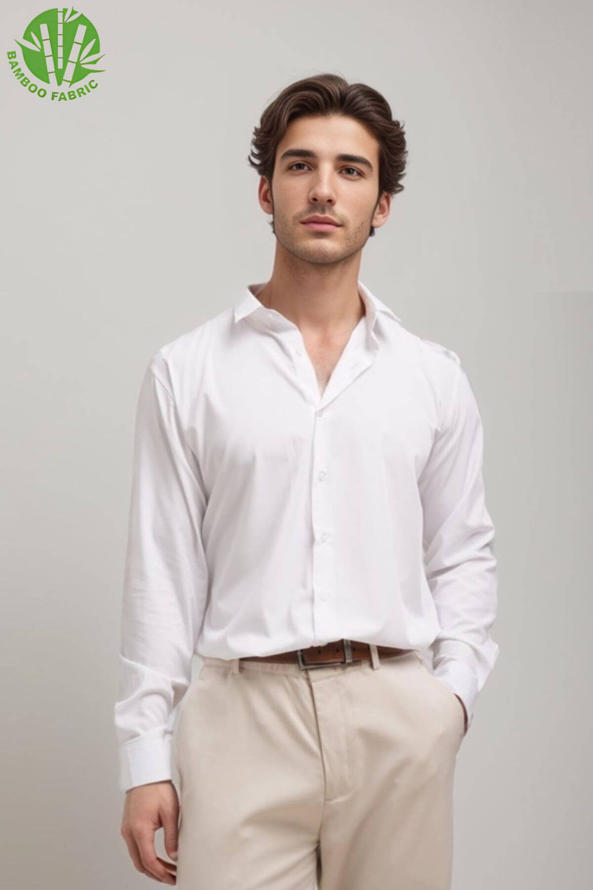 Men’s white bamboo Riviera long sleeve shirt styled with chino pants – fresh, breathable, and elegant outfit for smart-casual or resort wear