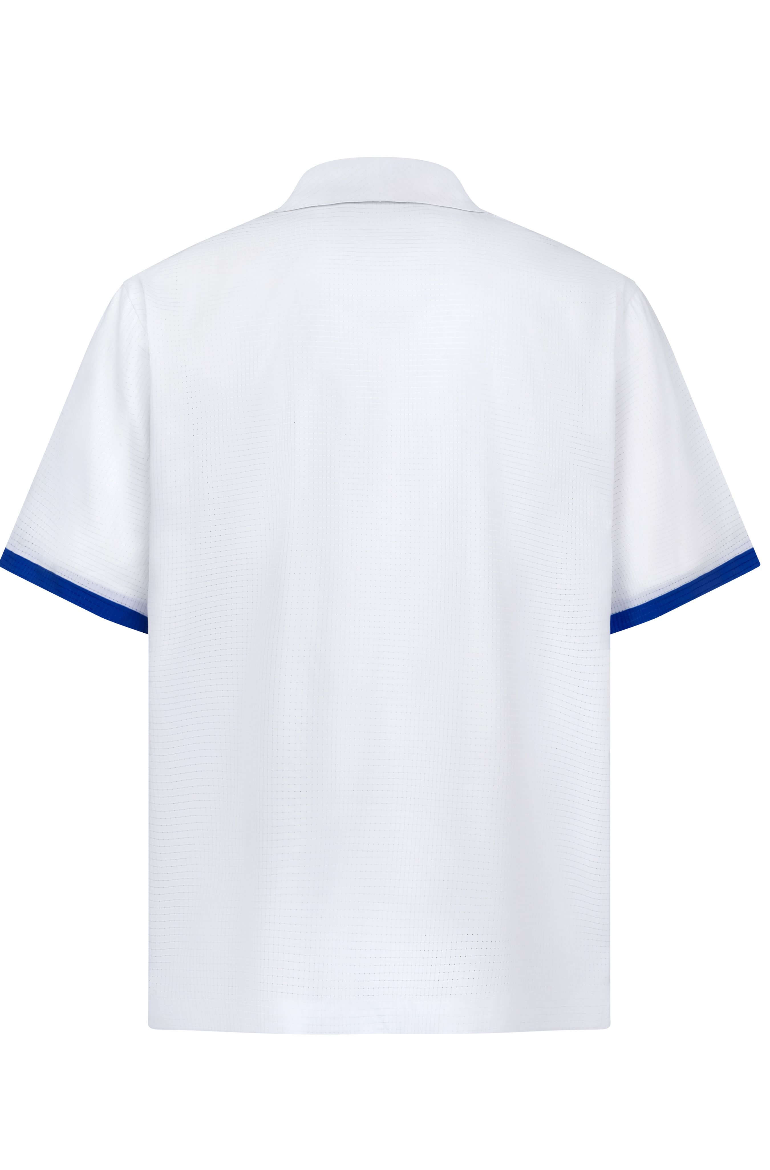 Back view of men’s white Blue Stamp beach shirt
