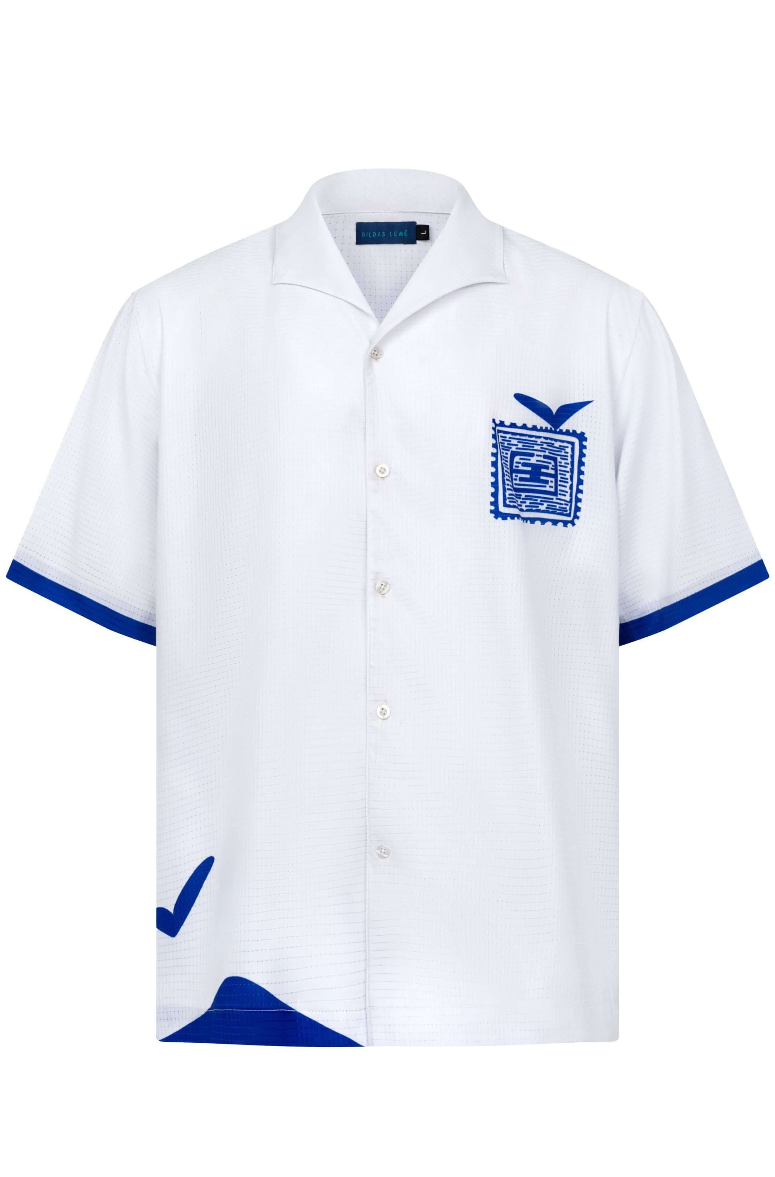 Men’s white Blue Stamp beach shirt for summer vacations