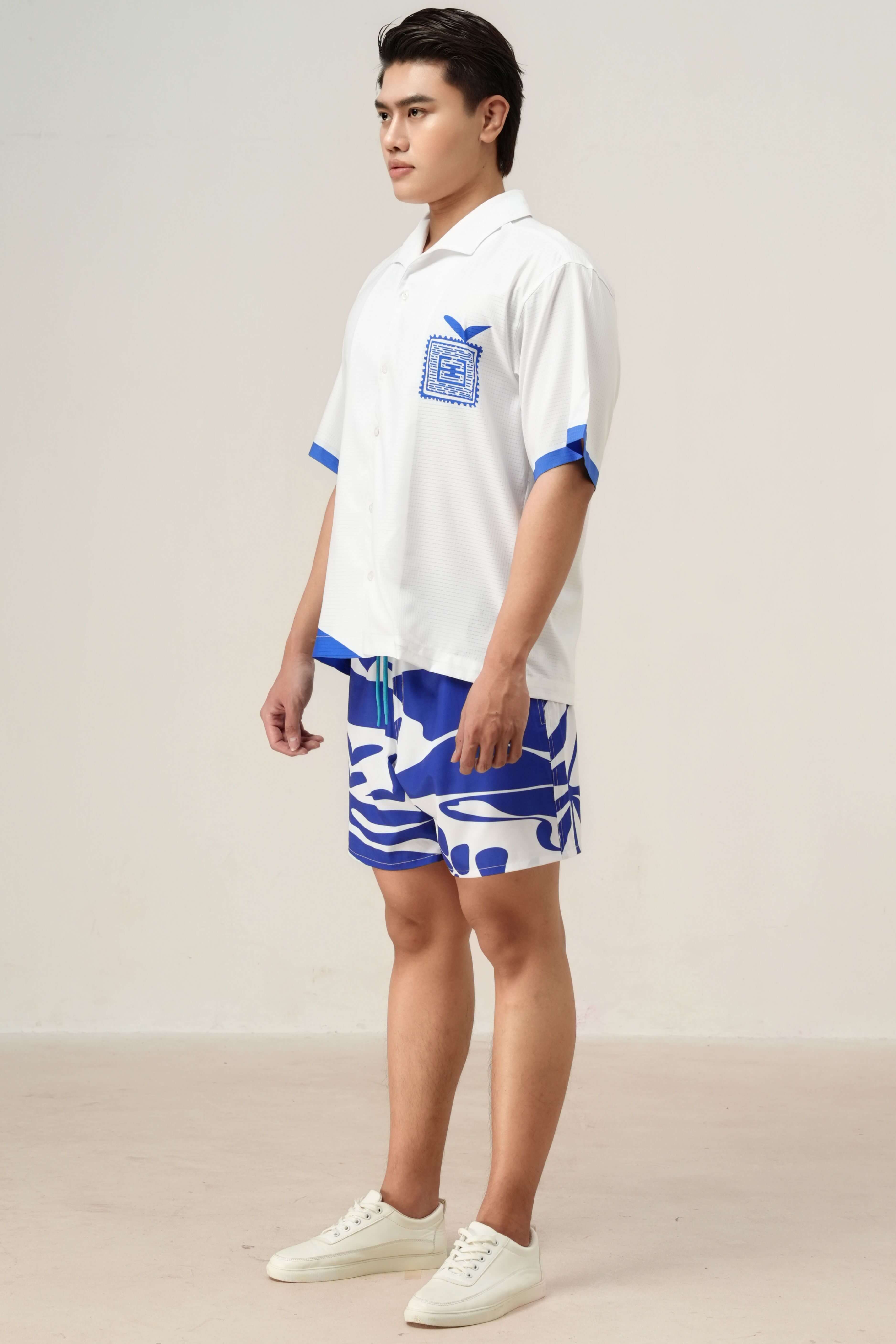 Men’s white summer resort wear set from the Blue Stamp collection
