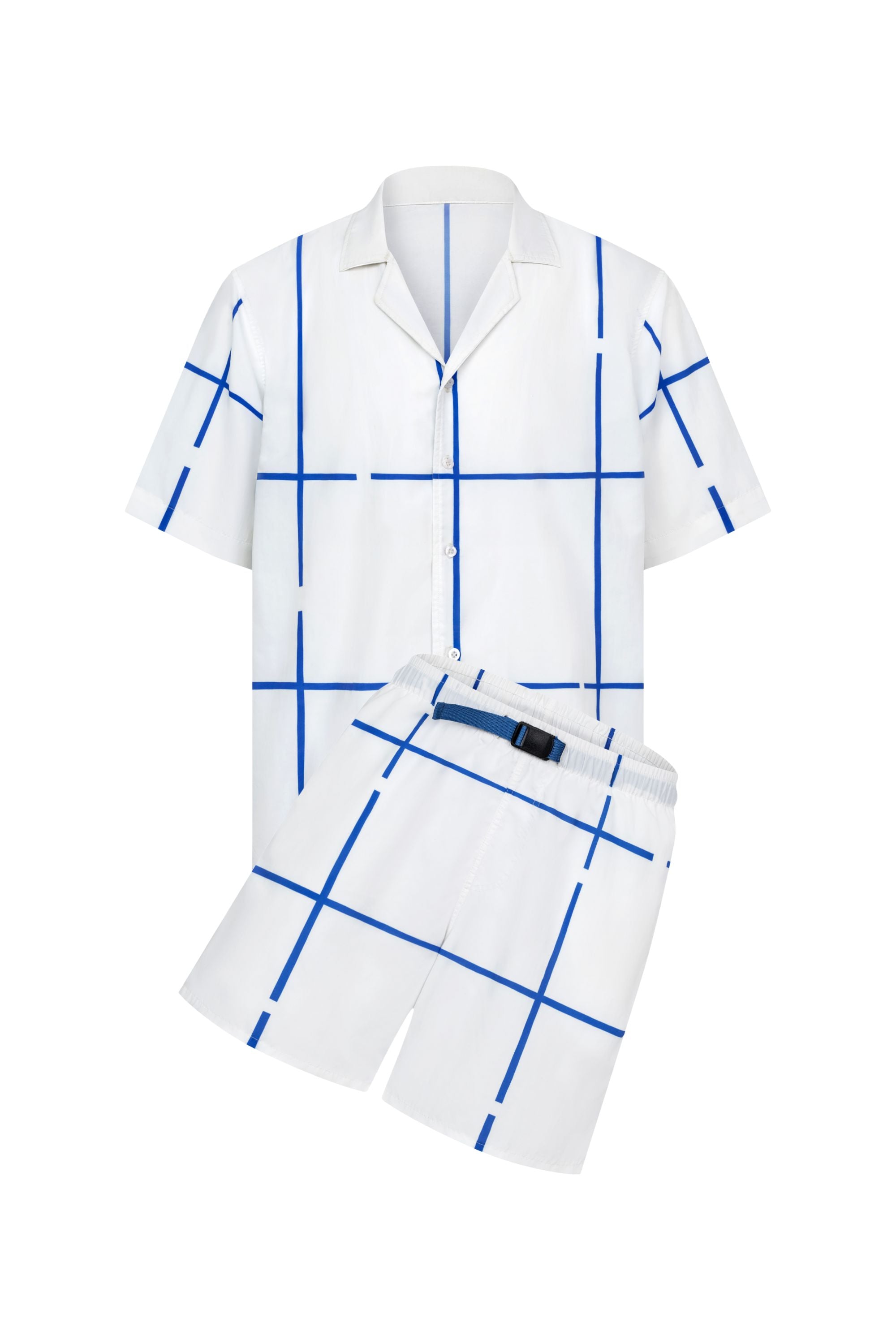 Midnight Bath Resort Striped Set flatlay - White shirt and shorts with navy stripes