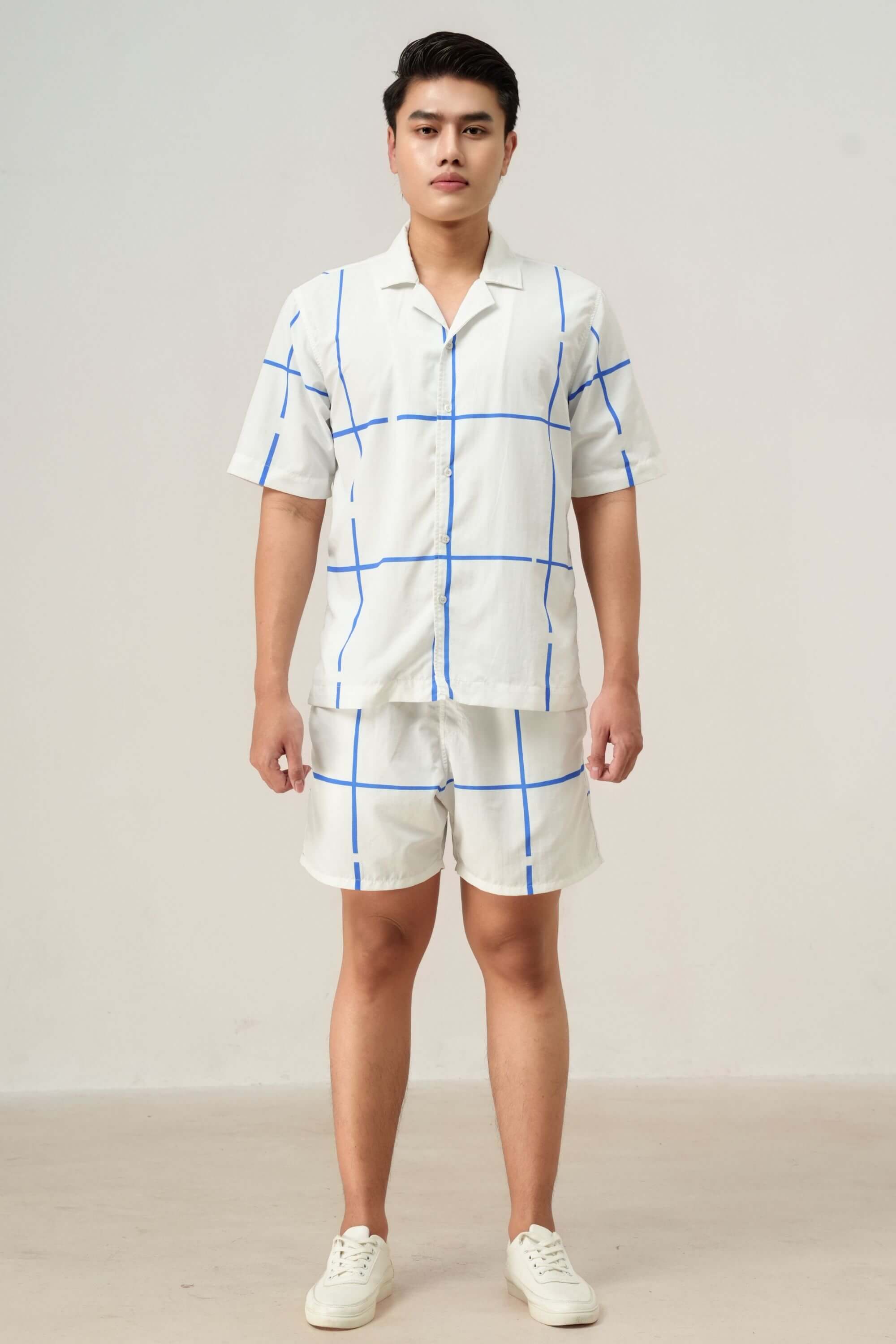 Midnight Bath Resort Striped Set - Men's luxury resort wear with blue grid pattern