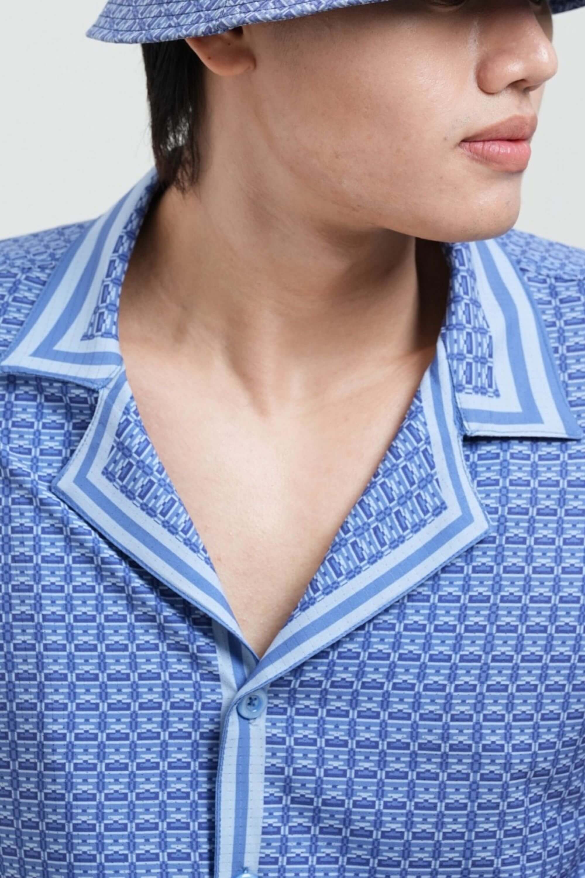 monogram resort shirt collar view on model